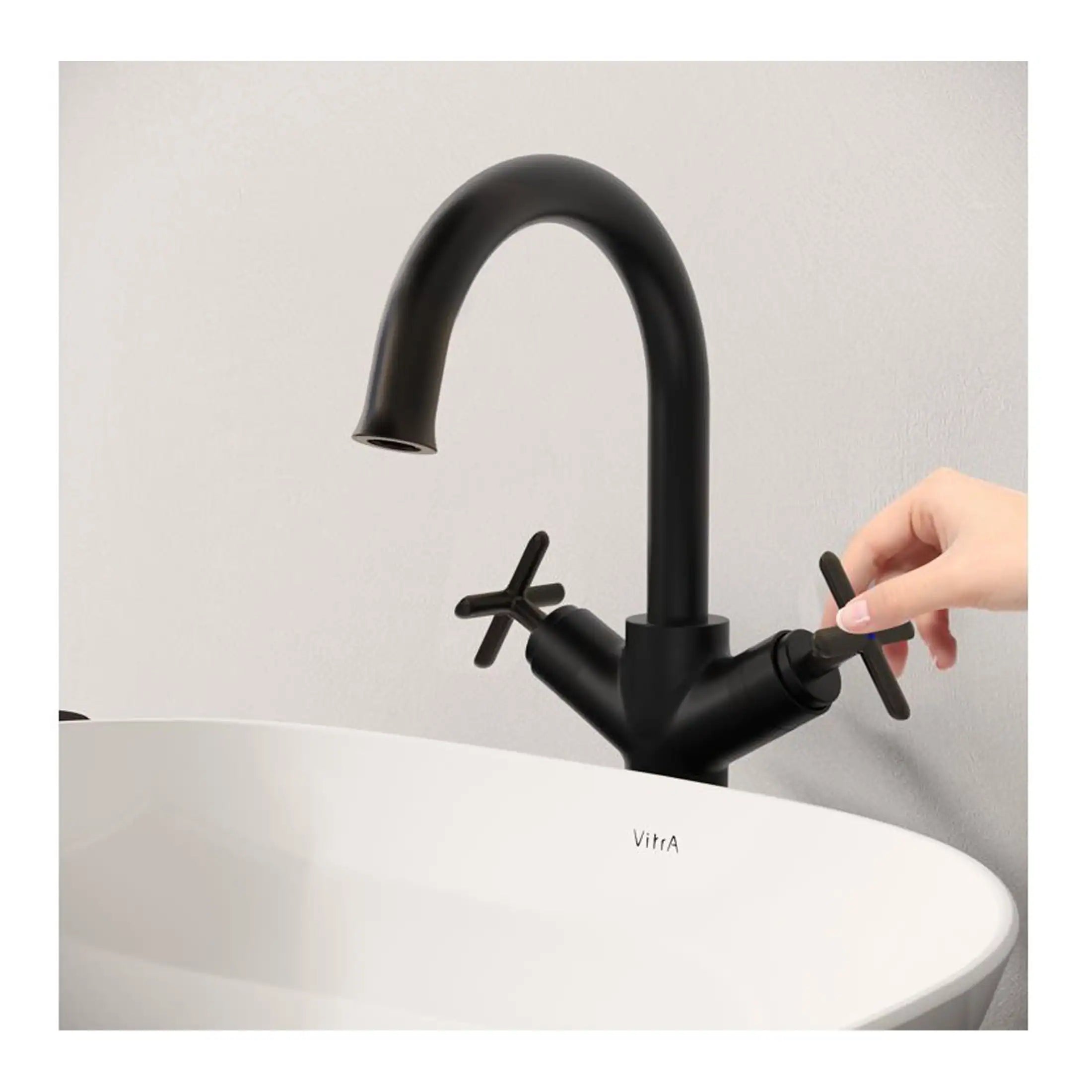 Sleek black kitchen faucet with dual cross handles, modern design, perfect for contemporary bathrooms and kitchens, with easy-turn control.