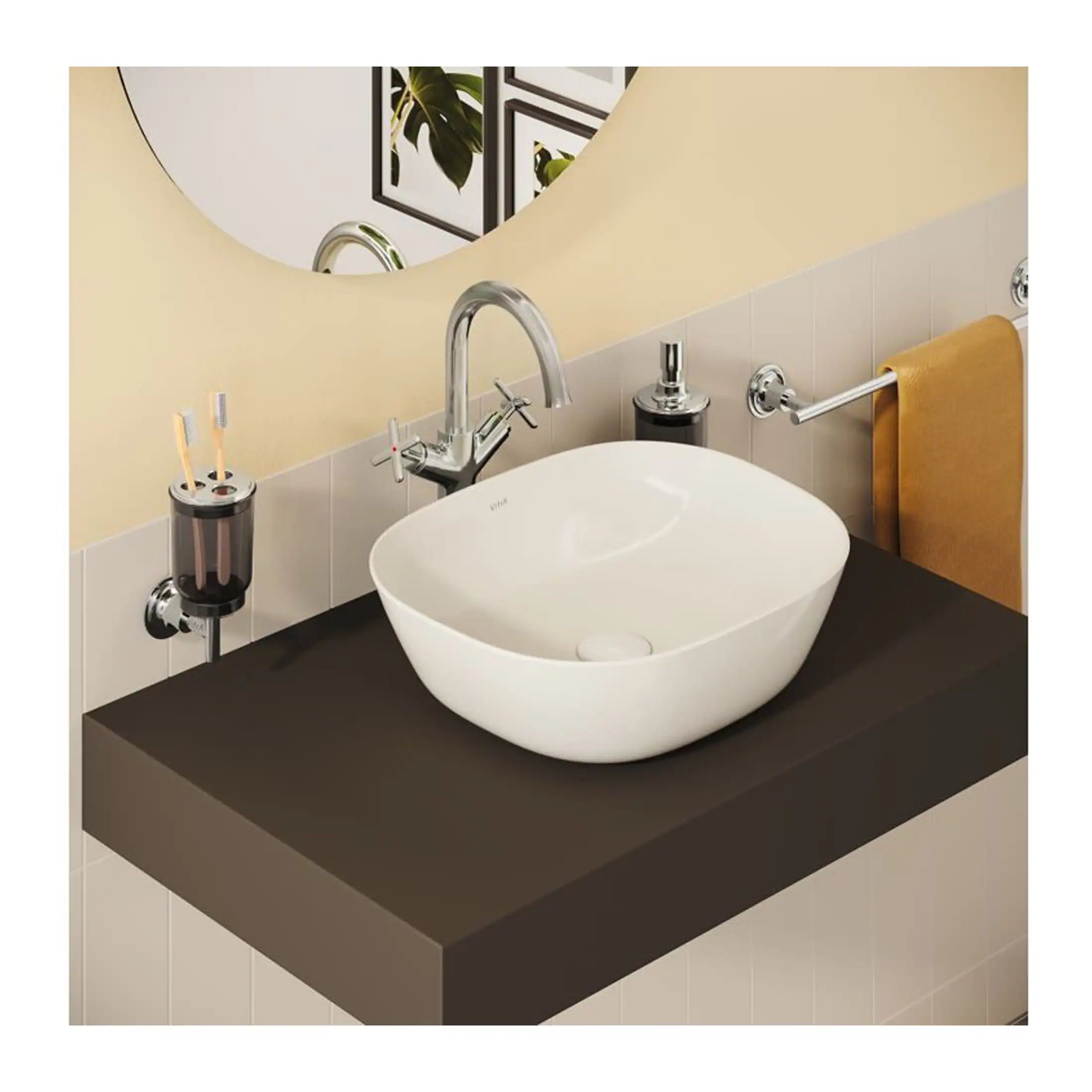 Modern bathroom sink with stylish vessel basin, chrome faucet, matching accessories, and a large mirror, showcasing contemporary bathroom design ideas for a sleek and functional space.