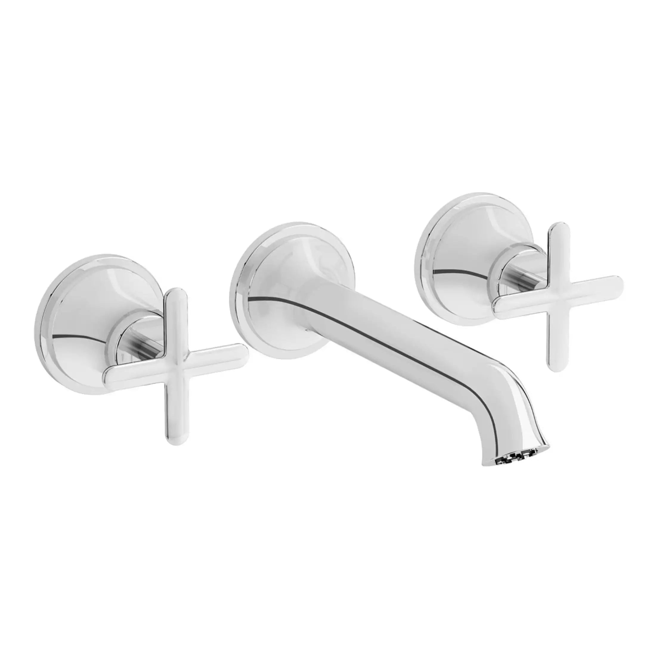 Shiny chrome wall-mounted bathroom tap with cross handles and a sleek curved spout, ideal for modern bathrooms. Designed for durability and style, perfect for kitchen sinks or washbasins.