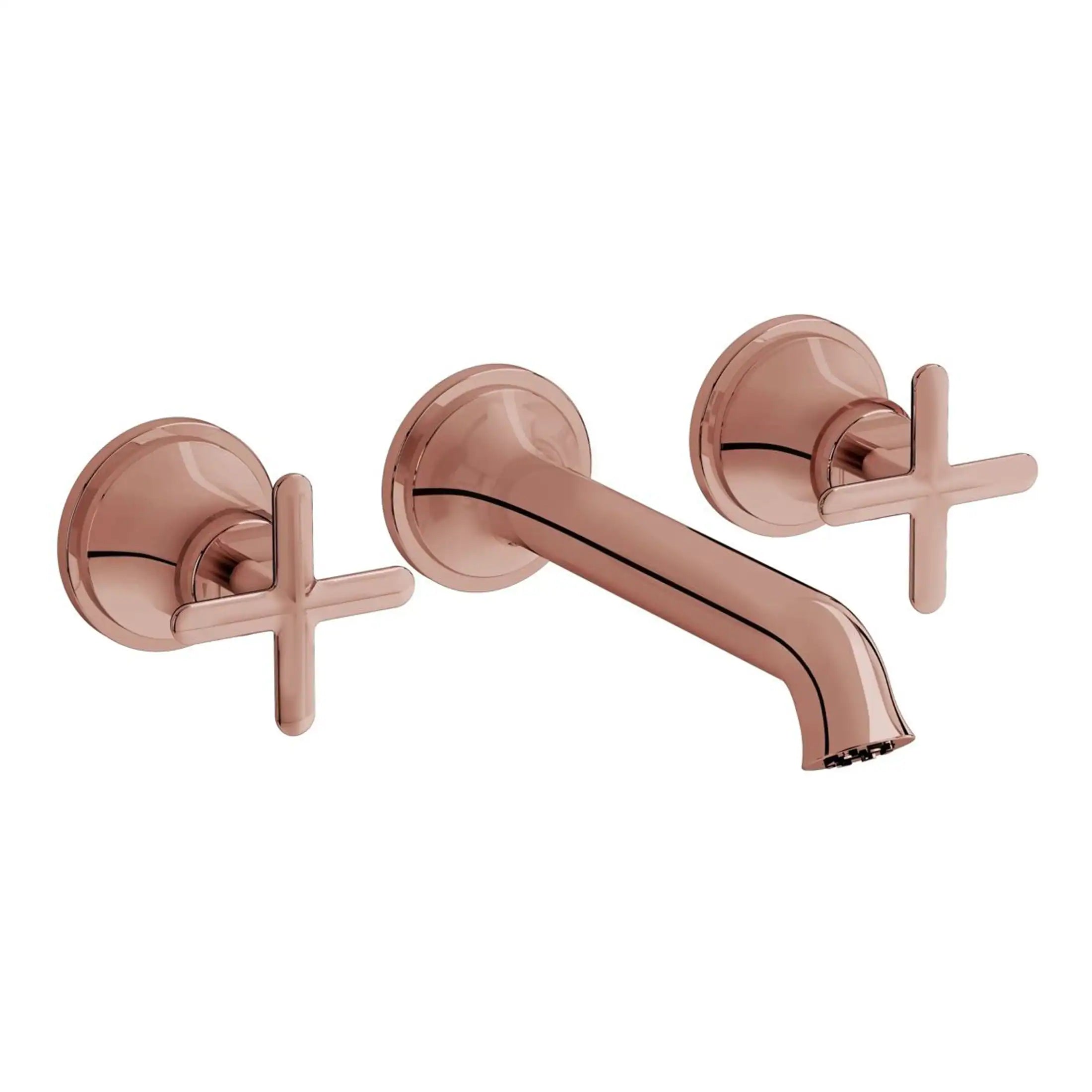 Sleek rose gold wall-mounted bathroom sink mixer tap with cross handles and modern curved spout, perfect for contemporary bathroom designs.