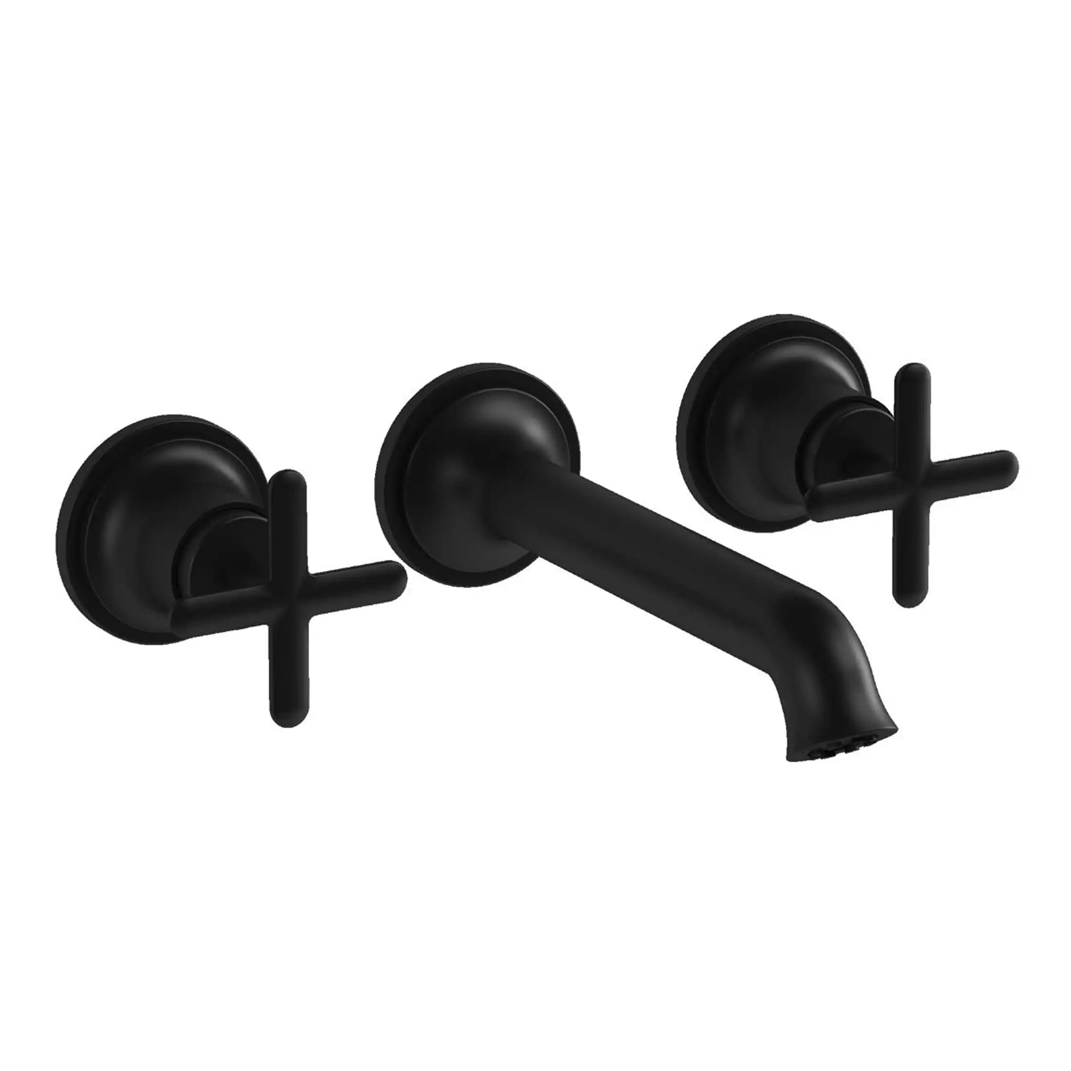 Black matte wall-mounted kitchen tap with cross handles, modern design, ideal for contemporary bathroom or kitchen renovation. Durable and stylish fixture from Bubly Bathrooms.