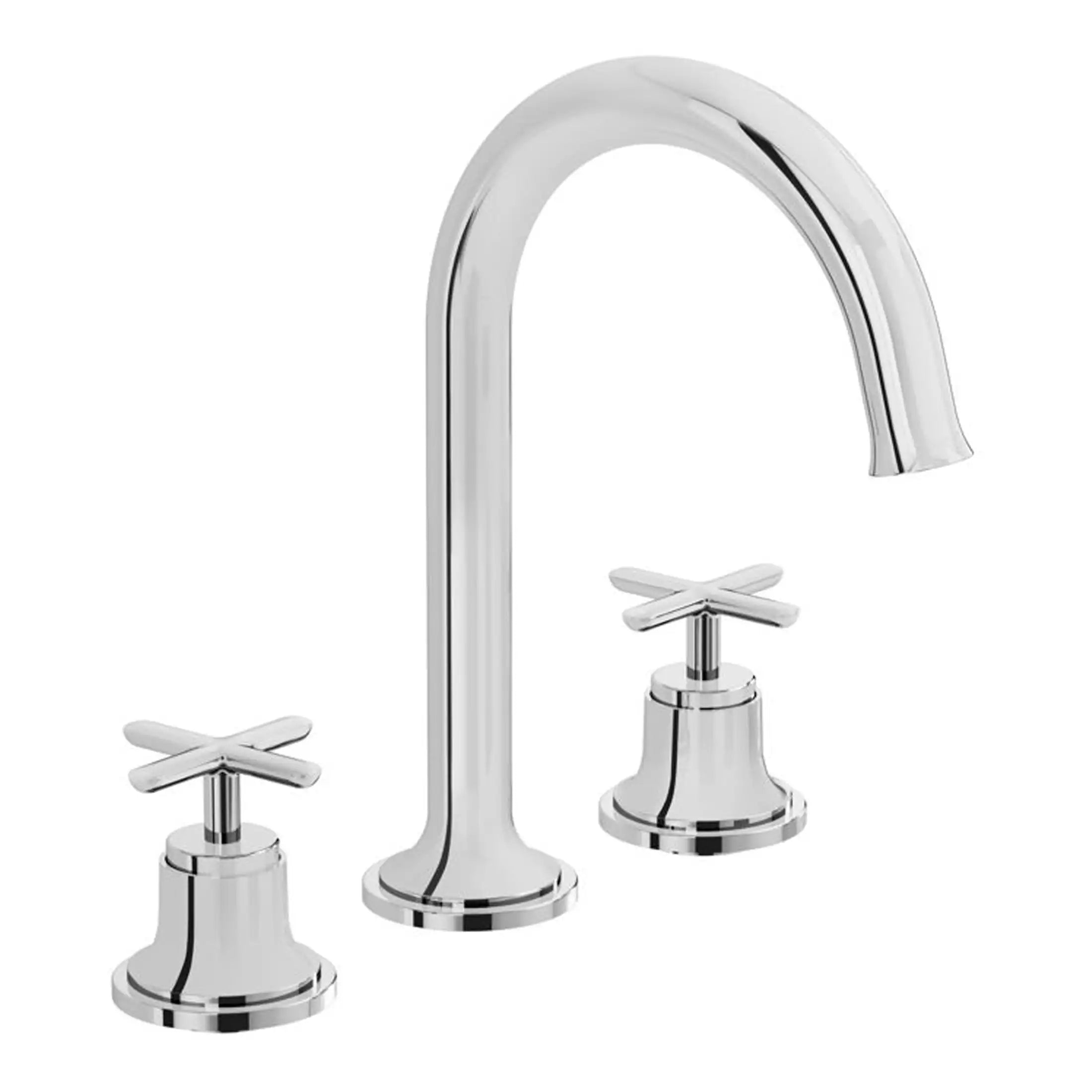 Sleek chrome bathroom mixer tap with dual cross handle controls, designed for modern bathroom sinks, featuring a high-arc spout for easy use and elegant style.