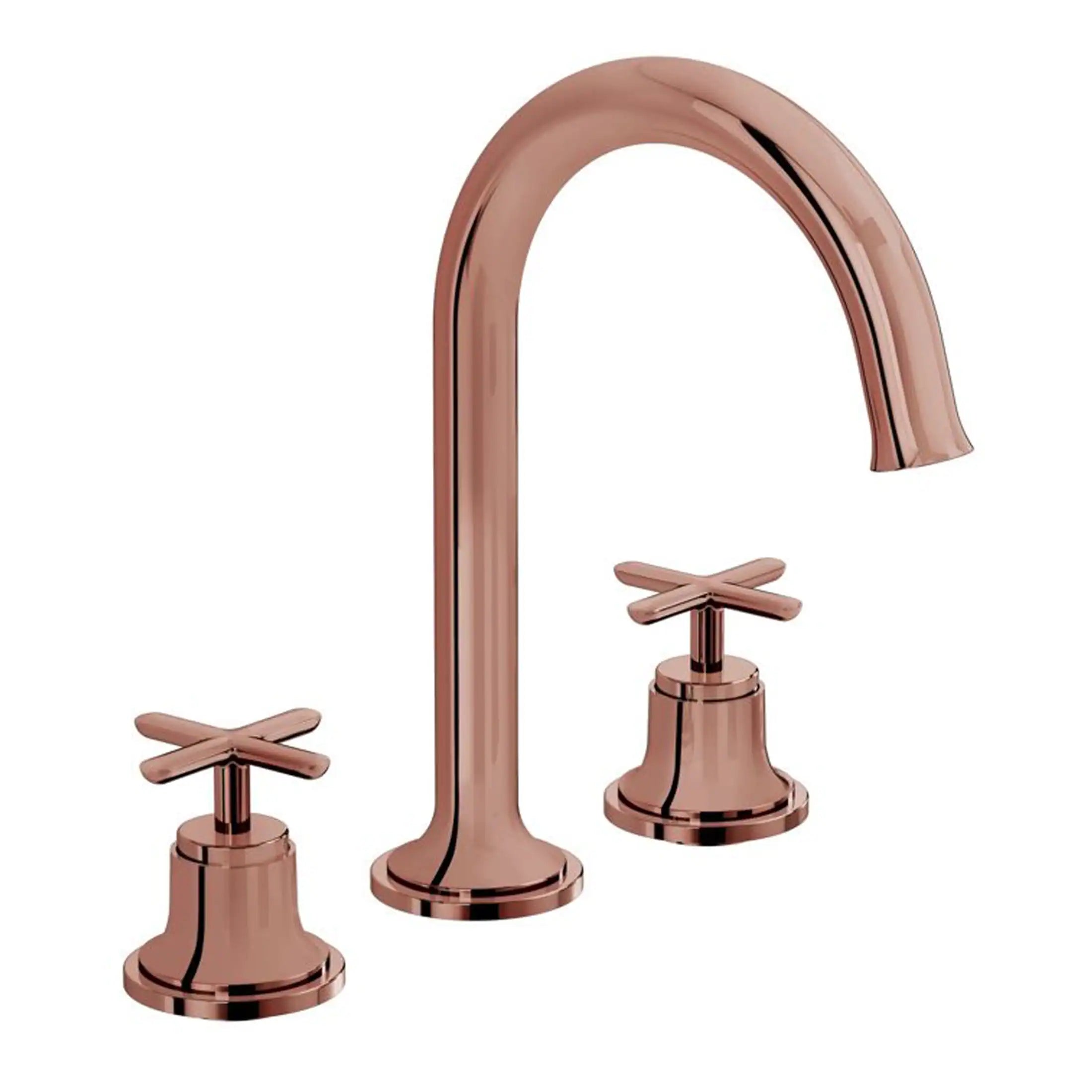 Brushed rose gold bathroom tap set with dual handles and high arc spout, modern bathroom fixtures for luxury homes.