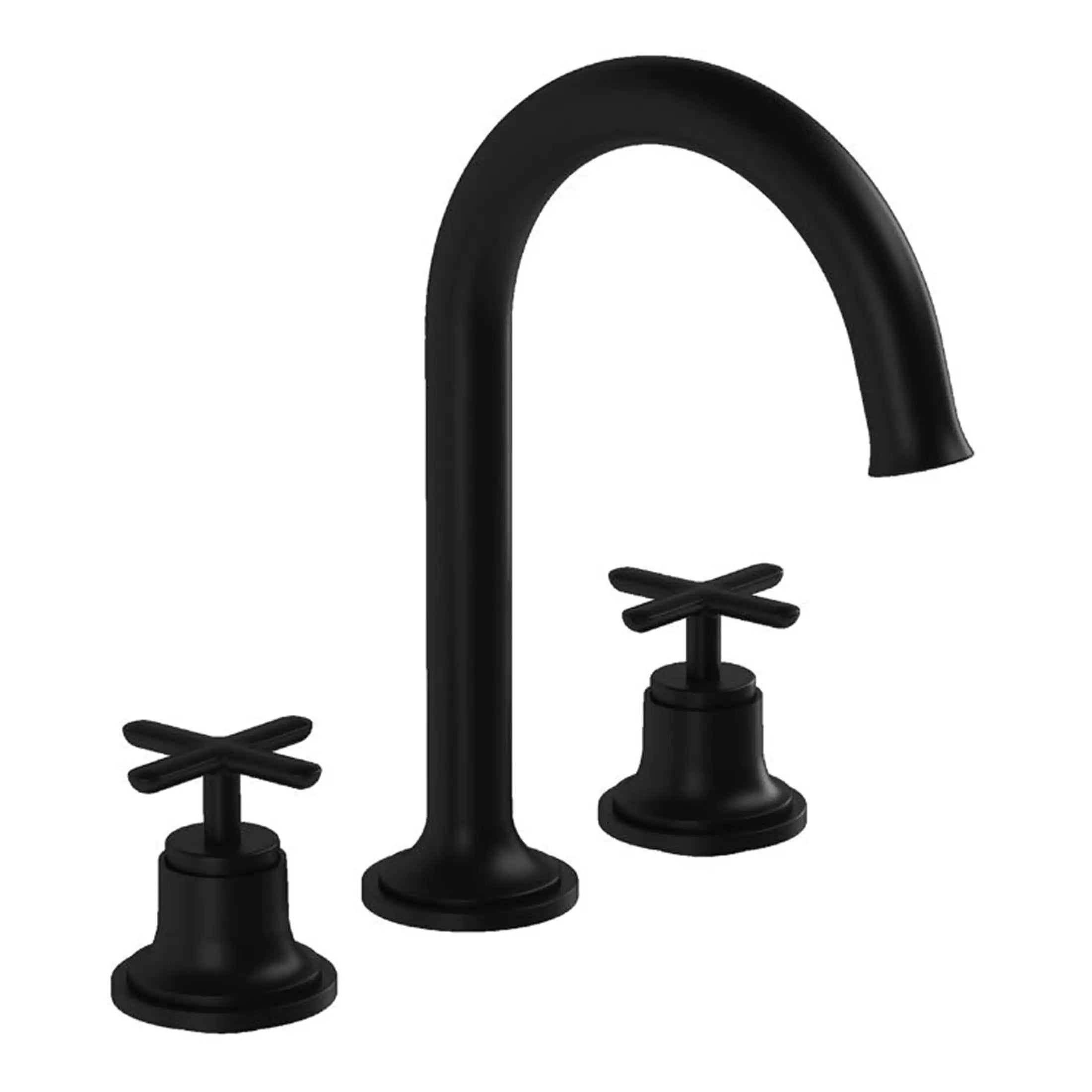 Sleek black bathroom mixer tap with cross handles and high-arc spout, ideal for modern bathroom decor. Crafted for durability and style, perfect for adding elegance to your washbasin.