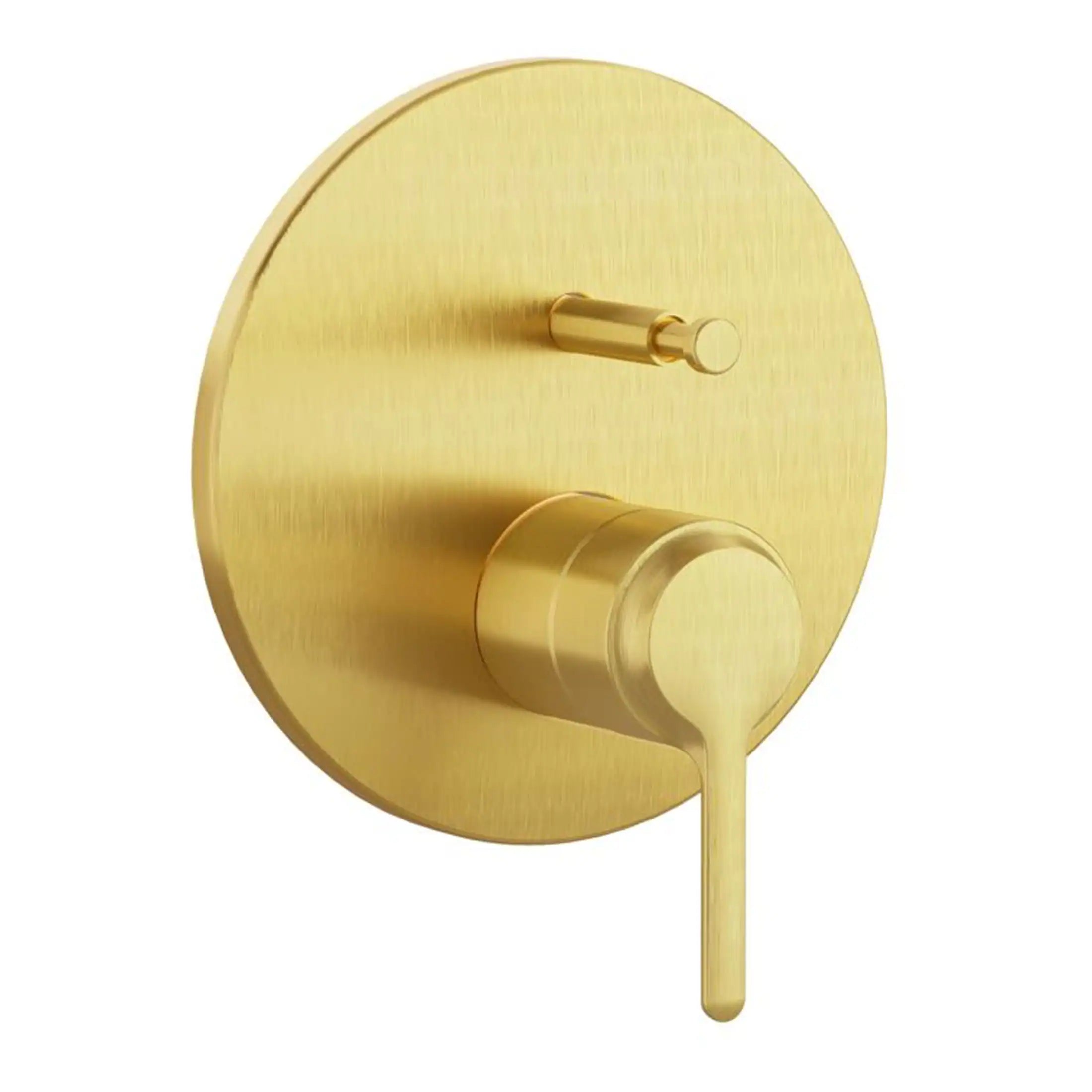 Polished gold bathroom shower valve and control handle, modern brass wall-mounted shower mixer for luxurious bathroom fittings.