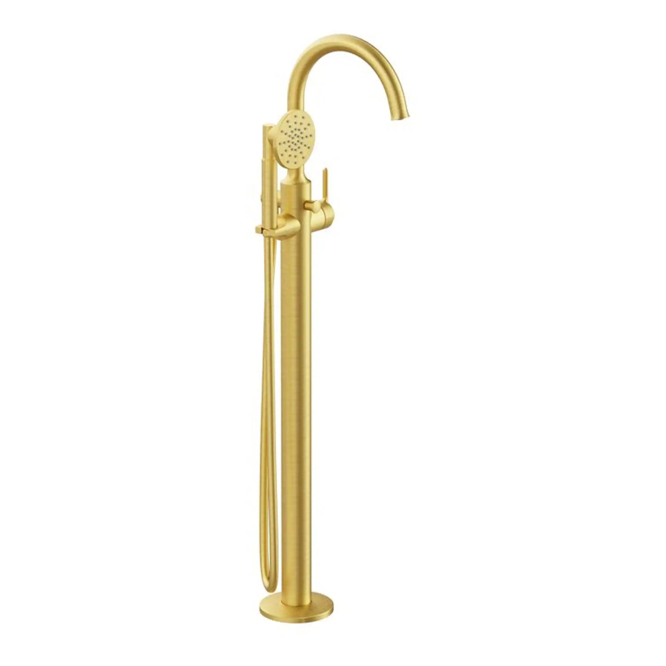 Luxurious gold freestanding bathroom faucet with handheld shower and modern design, ideal for premium bathroom renovations and high-end bathroom decor.