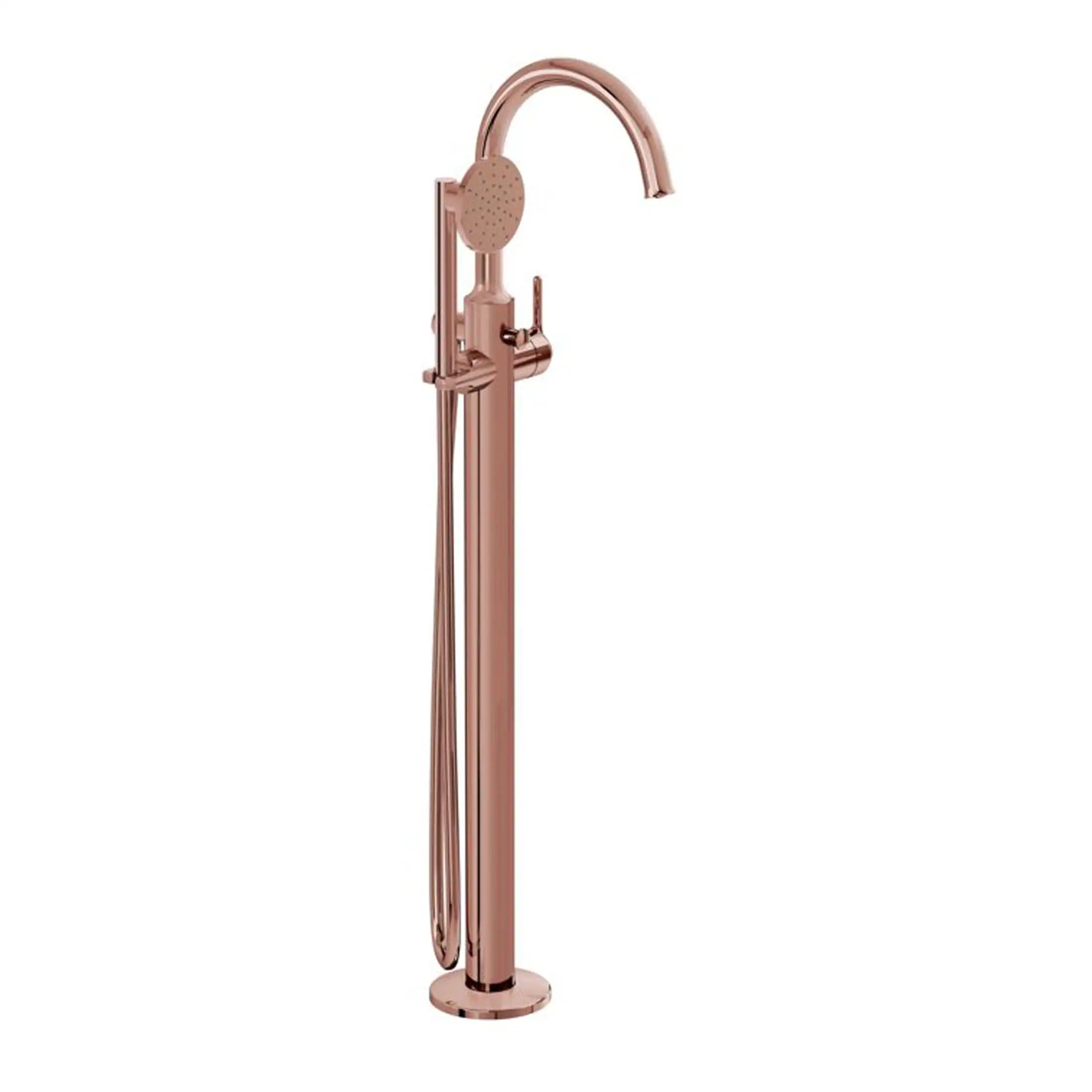 Polished rose gold freestanding bathroom shower column with handheld showerhead and sleek modern design.