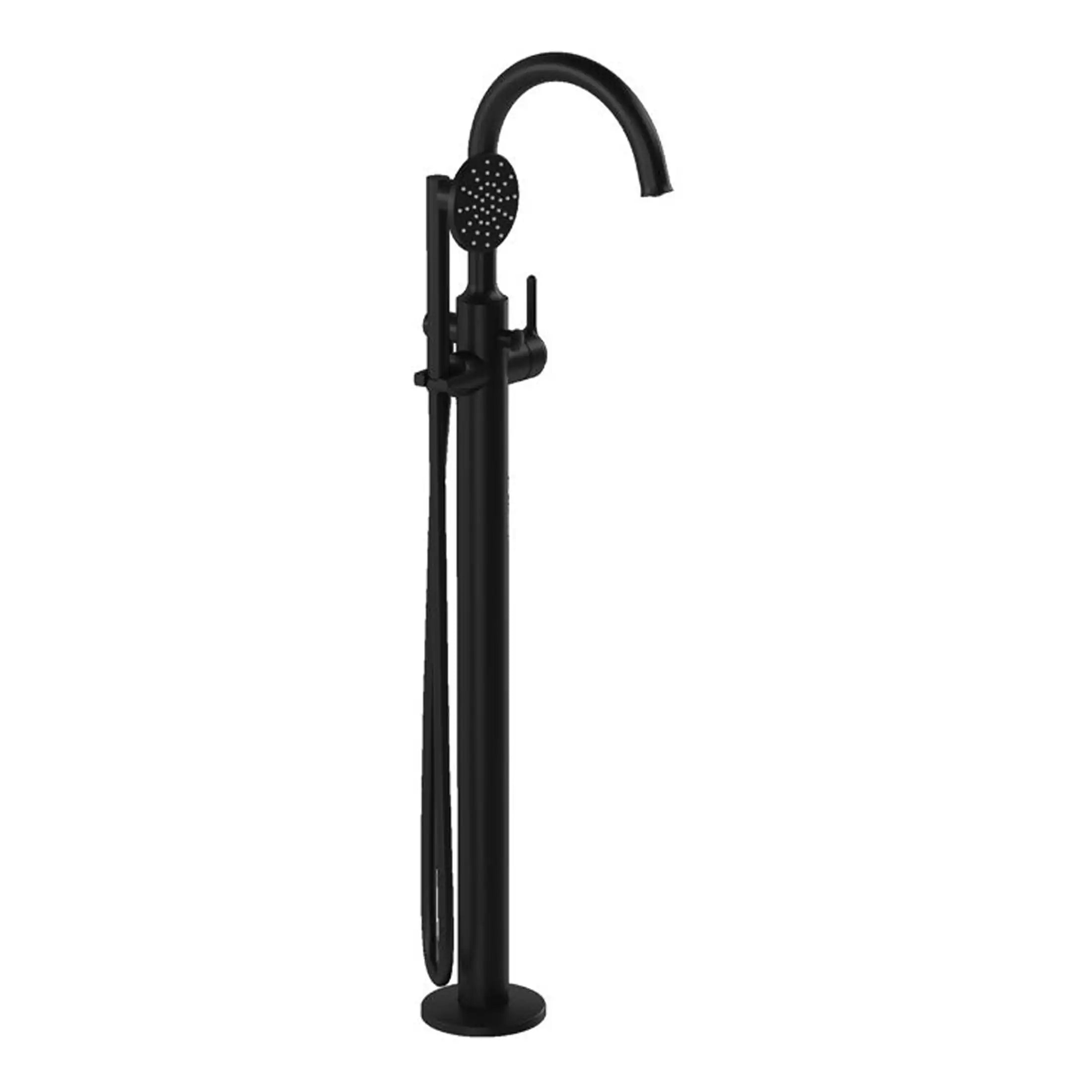 Modern black freestanding bathtub filler with hand shower, perfect for contemporary bathroom decor and luxury bathing experiences.