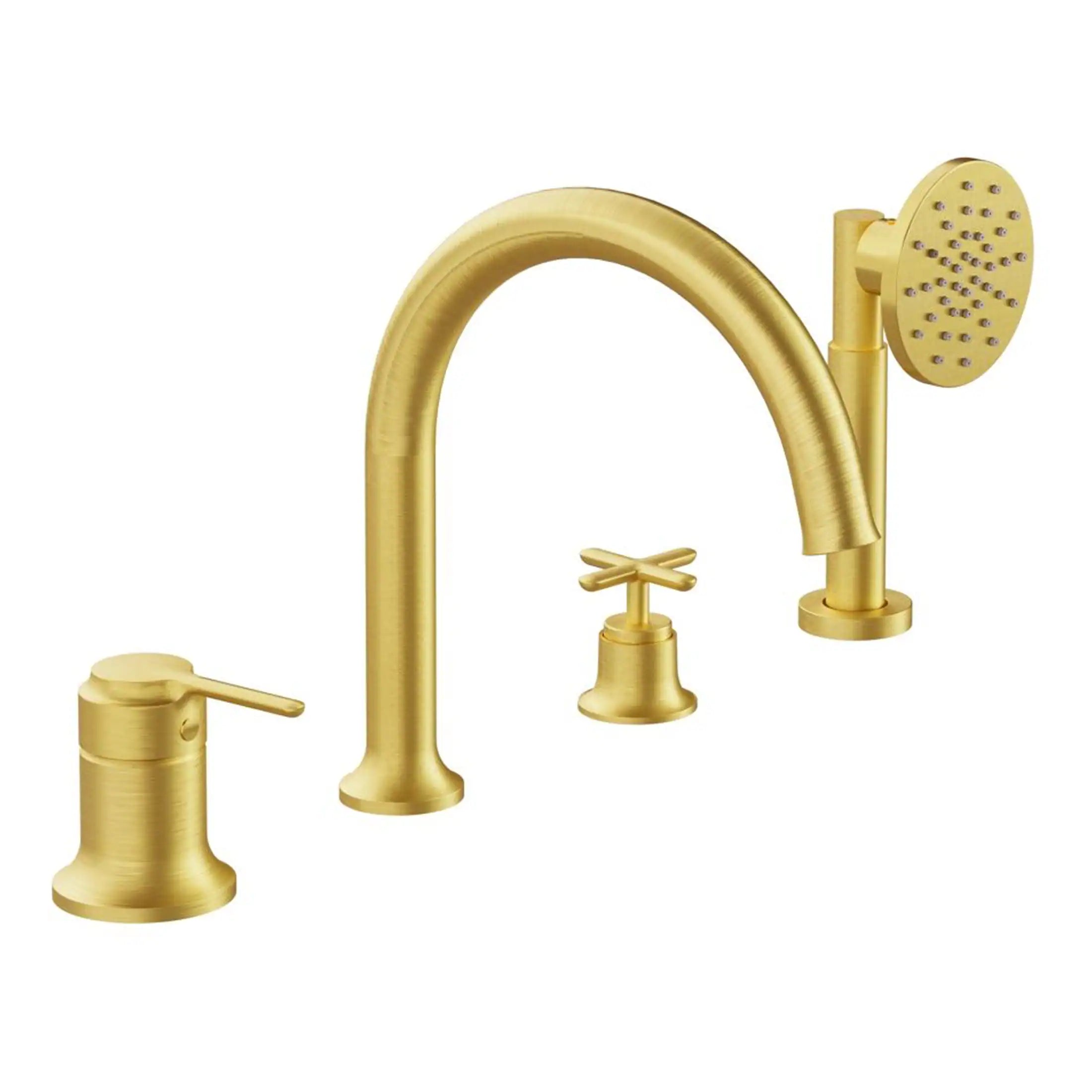 Luxurious gold bathroom tap set with matching handheld shower, vintage-style lever handles, and modern design, perfect for upgrading your bathroom decor.