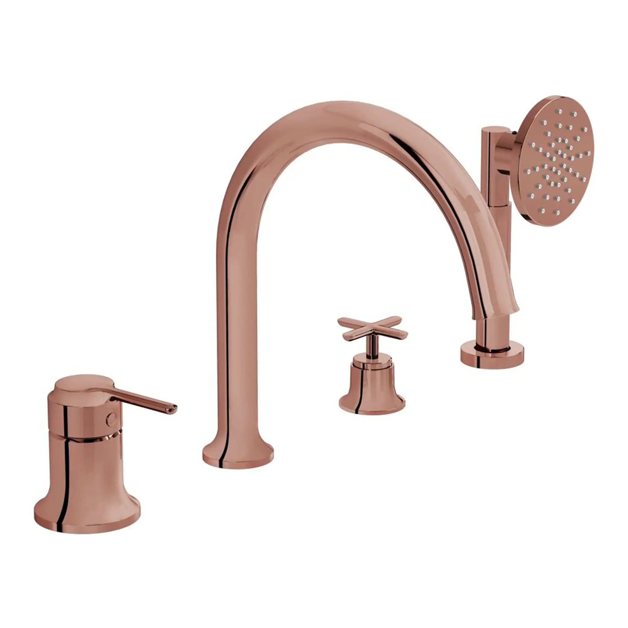 Brushed rose gold bathroom tap and shower mixer set with modern design, including basin mixer, spout, and shower head for stylish bathroom upgrades.