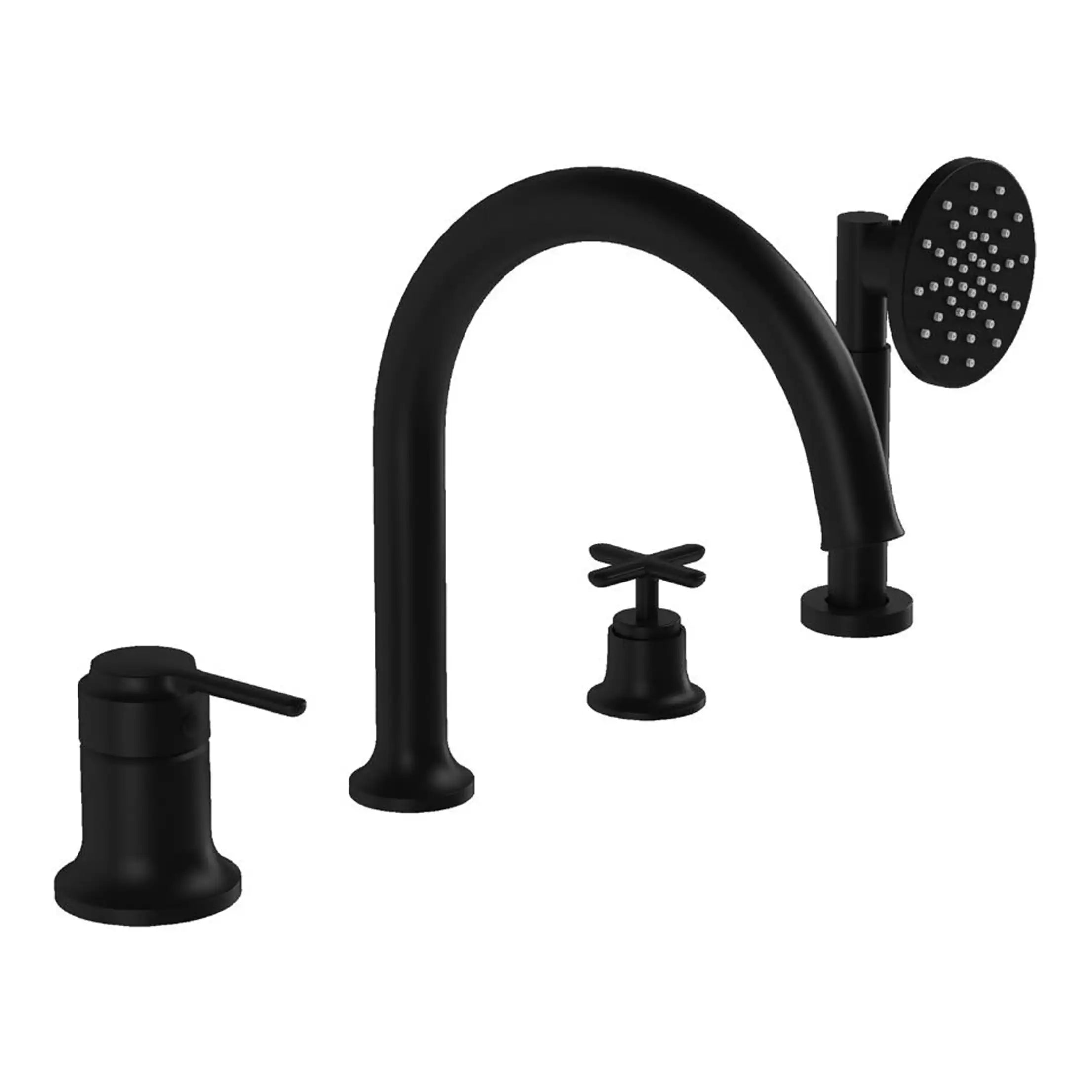 Modern black bathroom tap set with a sleek curved spout, single lever handle, and matching handheld shower head for a stylish and functional bathroom upgrade.