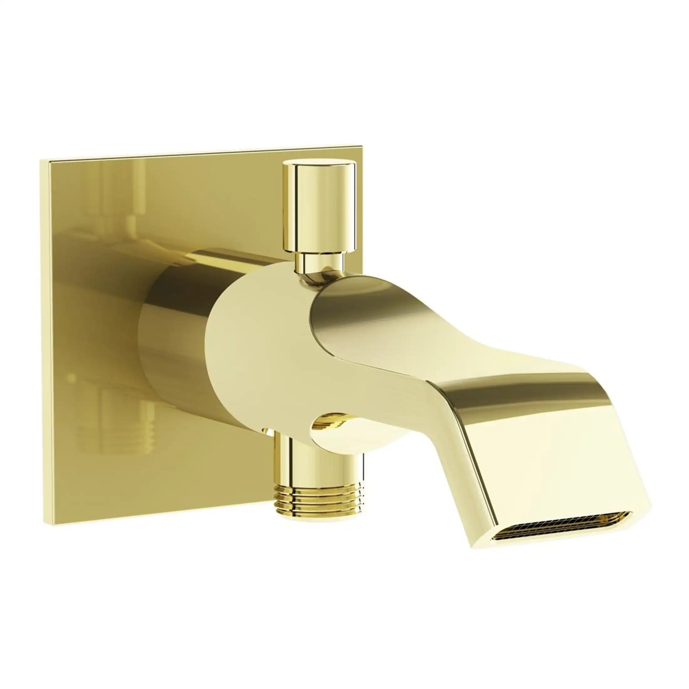 Polished gold bathroom tap with modern sleek design, wall-mounted fixture, ideal for contemporary bathroom decor and high-end fixtures, premium quality gold finish, close-up view.