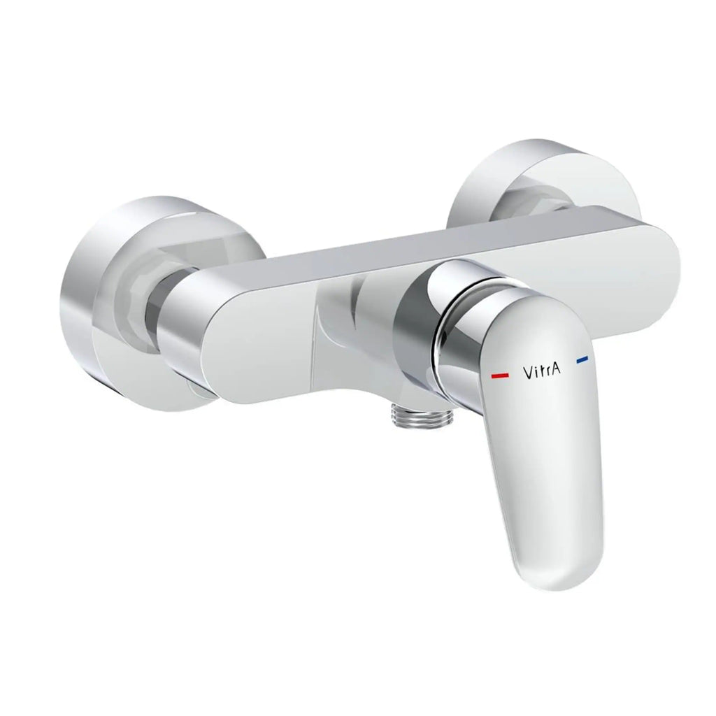 Sleek modern chrome bathroom mixer tap with Vitra A branding, ideal for contemporary shower or bath installations, featuring easy temperature control and durable construction.