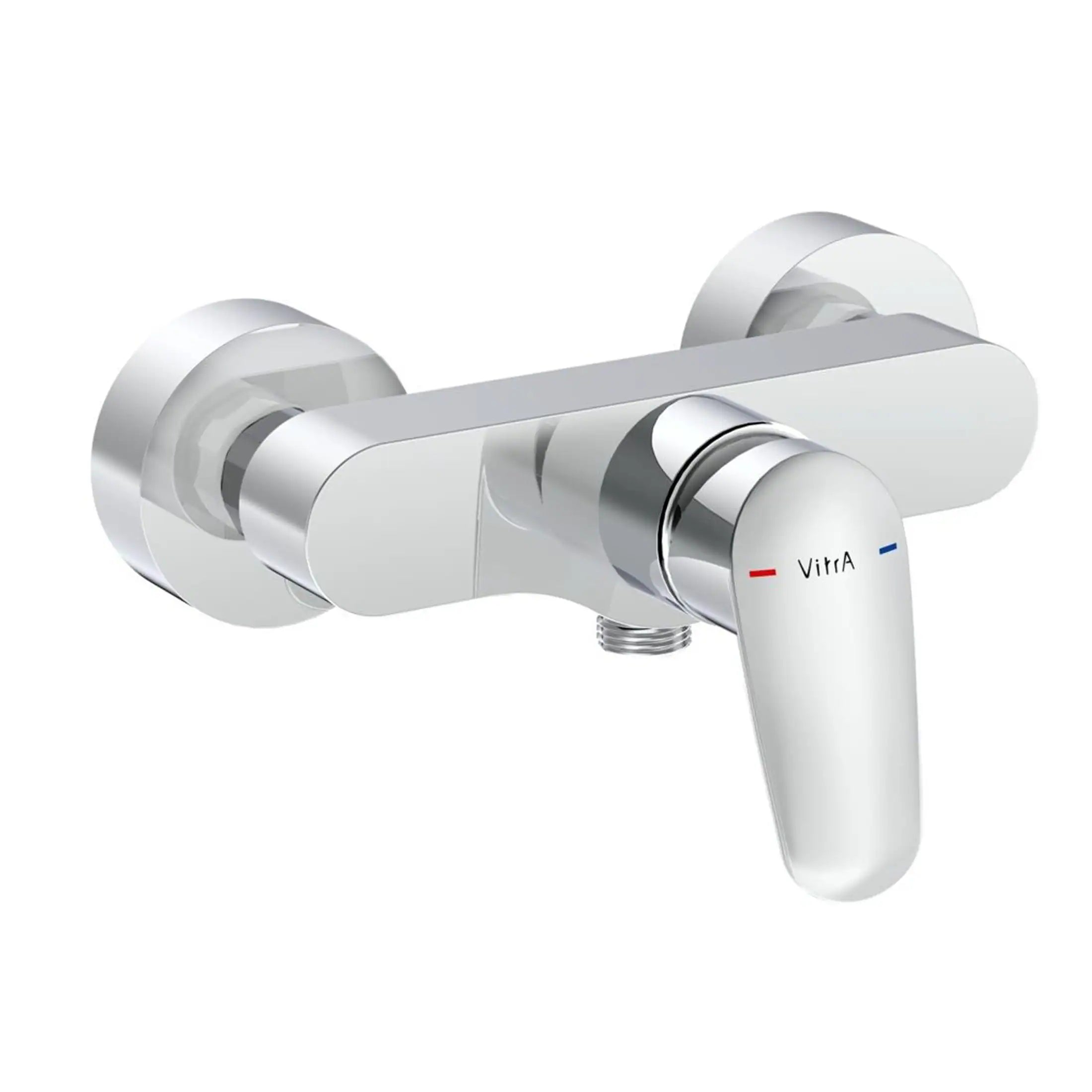 Sleek modern chrome bathroom mixer tap with Vitra A branding, ideal for contemporary shower or bath installations, featuring easy temperature control and durable construction.