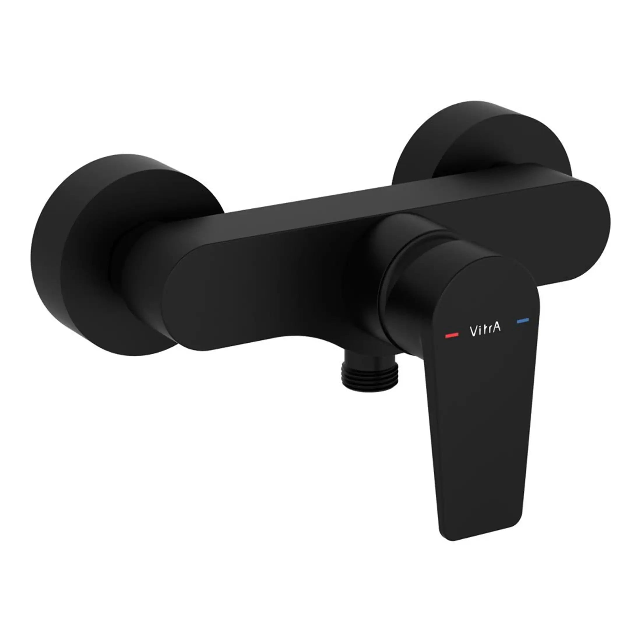 Vitra black wall-mounted bathroom mixer tap with single lever for controlling water temperature and flow, modern and sleek design for contemporary bathrooms.