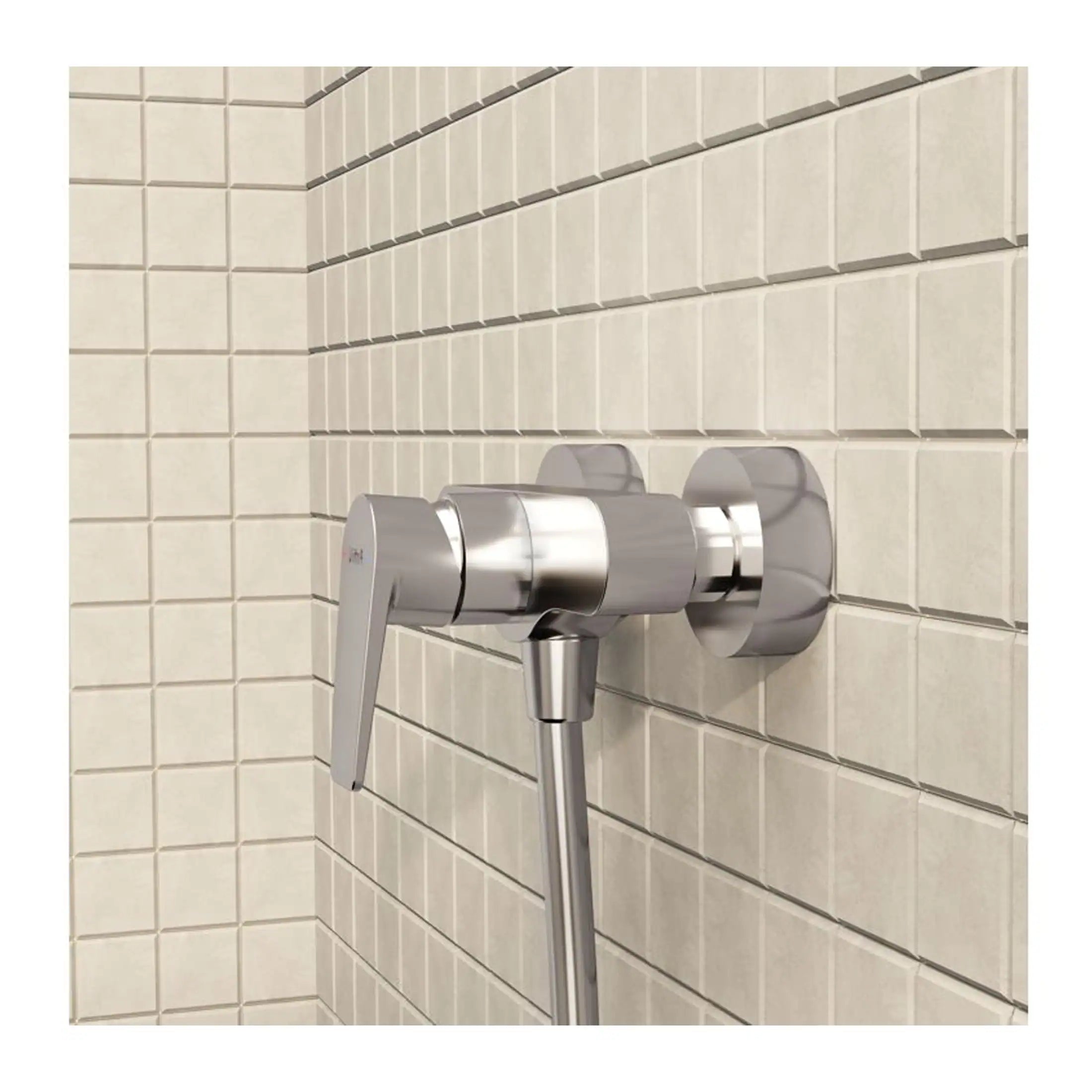 Sleek stainless steel bathroom tap with modern design, wall-mounted fixture for contemporary shower or bath, installed on beige tiled wall, showcasing durable and stylish bathroom fittings.