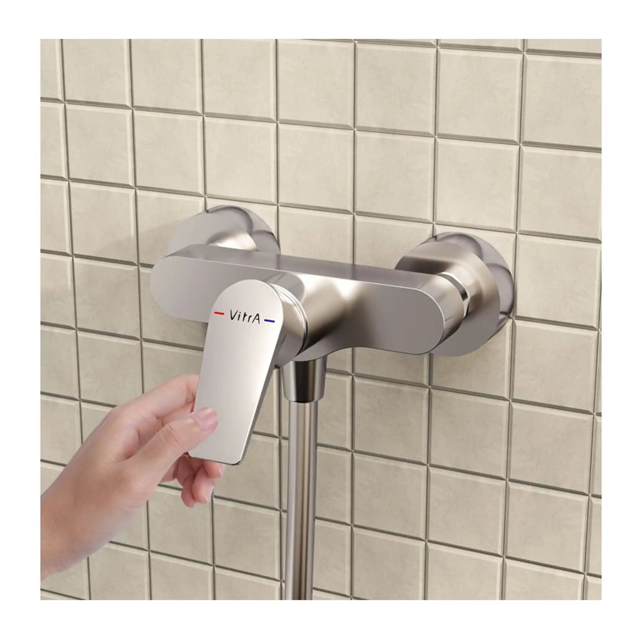 Sleek modern bathroom shower valve with touchless temperature control, stainless steel finish, mounted on tiled wall for contemporary bathroom design.