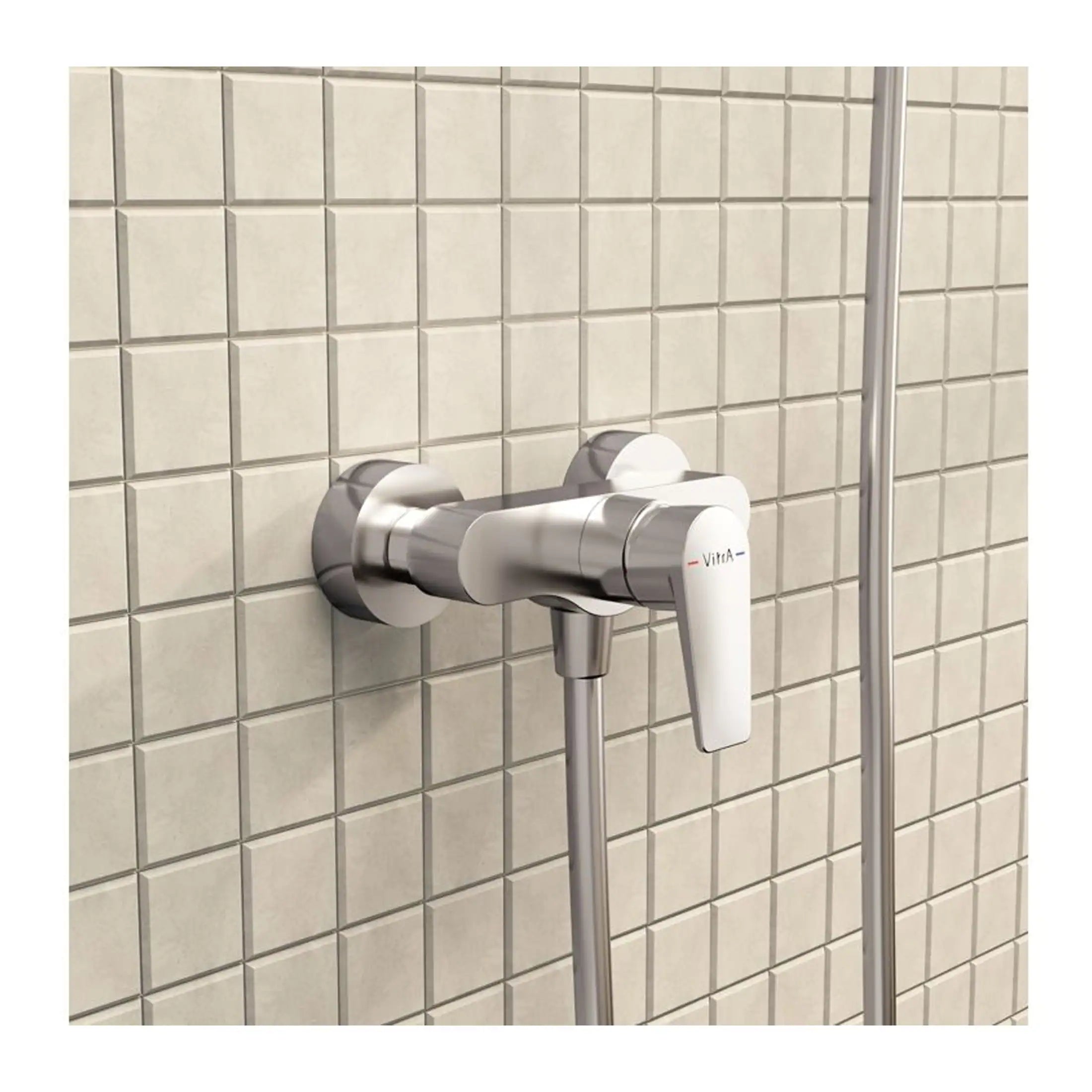 High-quality modern shower mixer tap with vintage design mounted on tiled wall in a stylish bathroom setting.