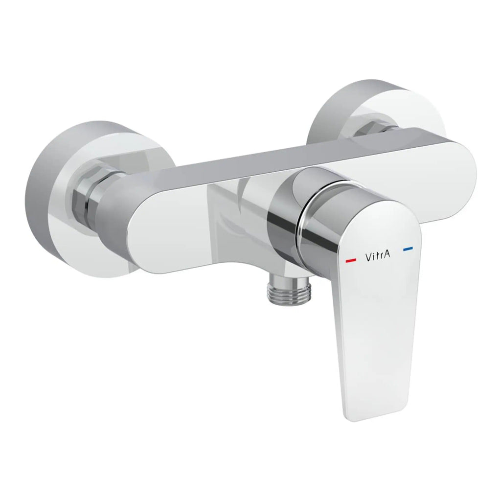 Chrome wall-mounted bathroom mixer tap with single lever control, modern design, ideal for bath or shower applications, branded Vitra, featuring hot and cold water flow control.
