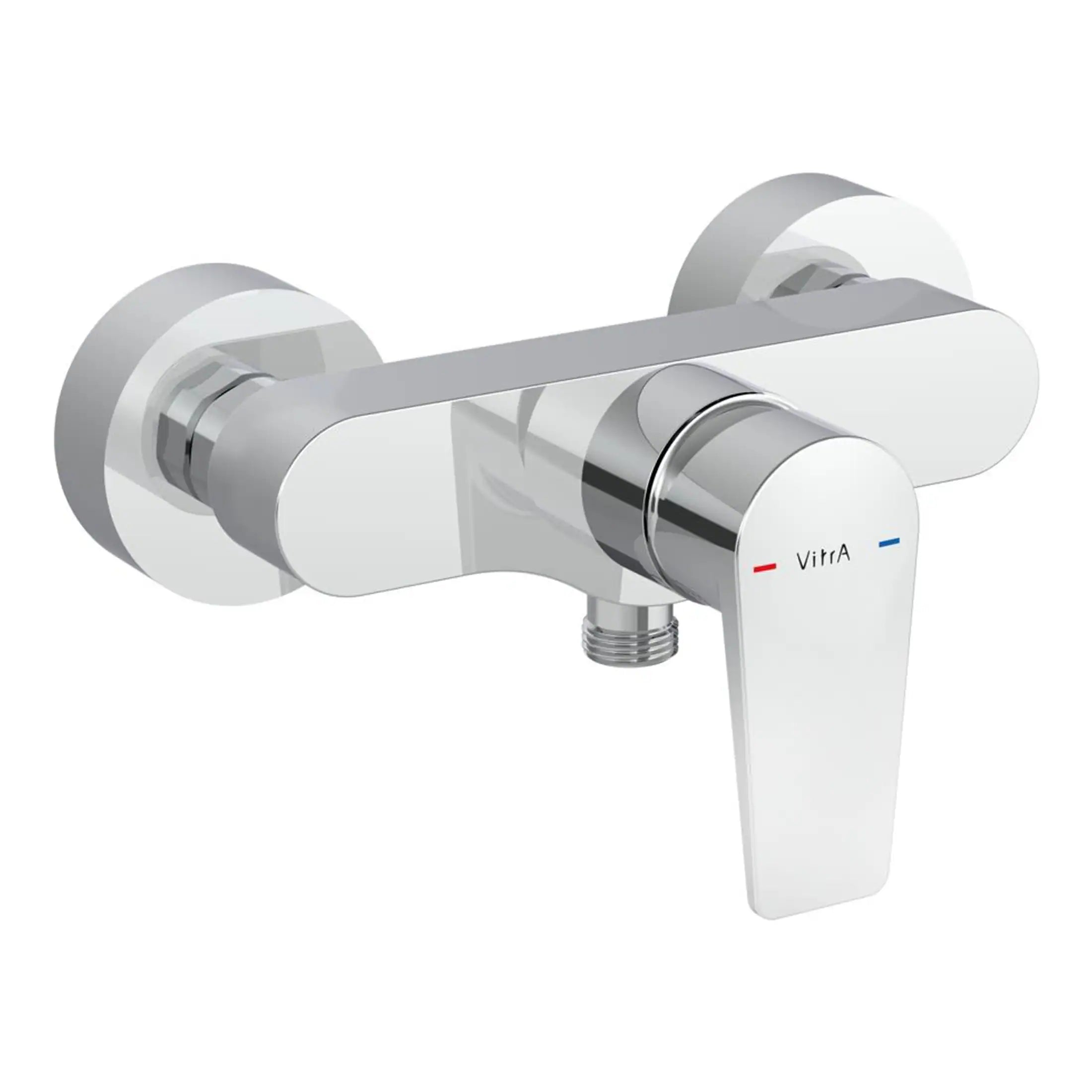 Chrome wall-mounted bathroom mixer tap with single lever control, modern design, ideal for bath or shower applications, branded Vitra, featuring hot and cold water flow control.