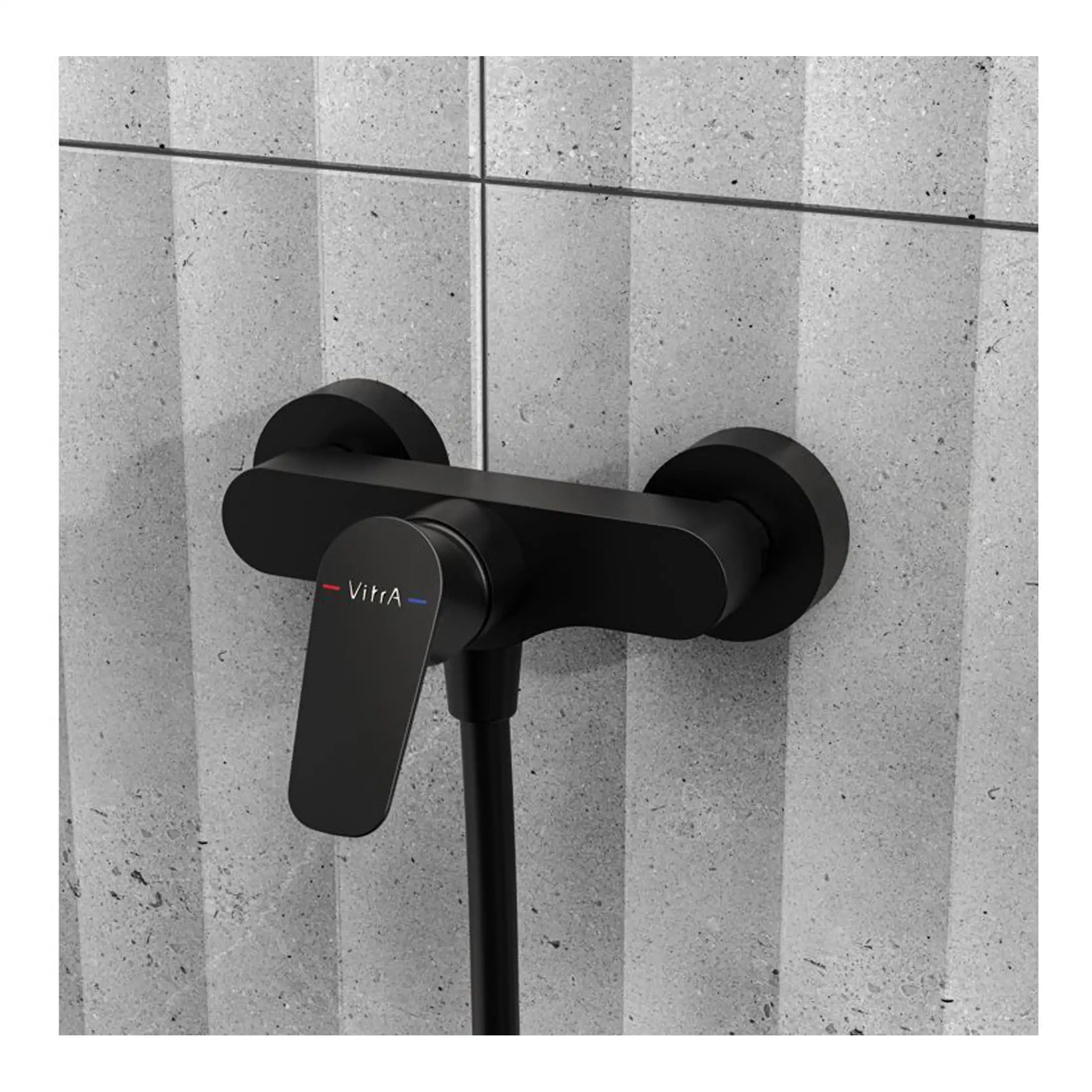 Sleek black bathroom faucet with modern design, wall-mounted Vitra bathroom fixtures, ideal for contemporary bathroom renovation, black matte finish, and easy-to-use controls.