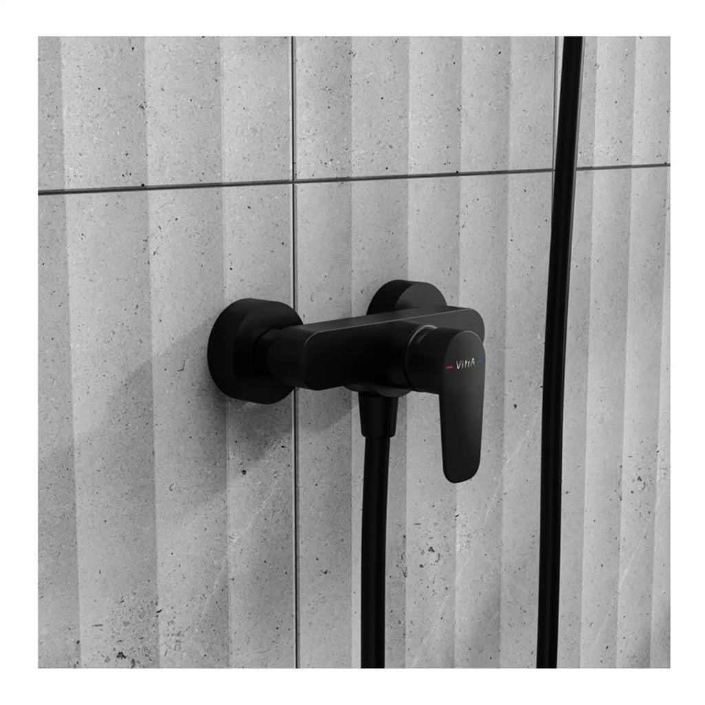 Modern black shower mixer tap on grey tiled bathroom wall, sleek and contemporary bathroom fixtures, ideal for luxury bathroom renovation, water controls for shower and bath, high-quality bathroom hardware.