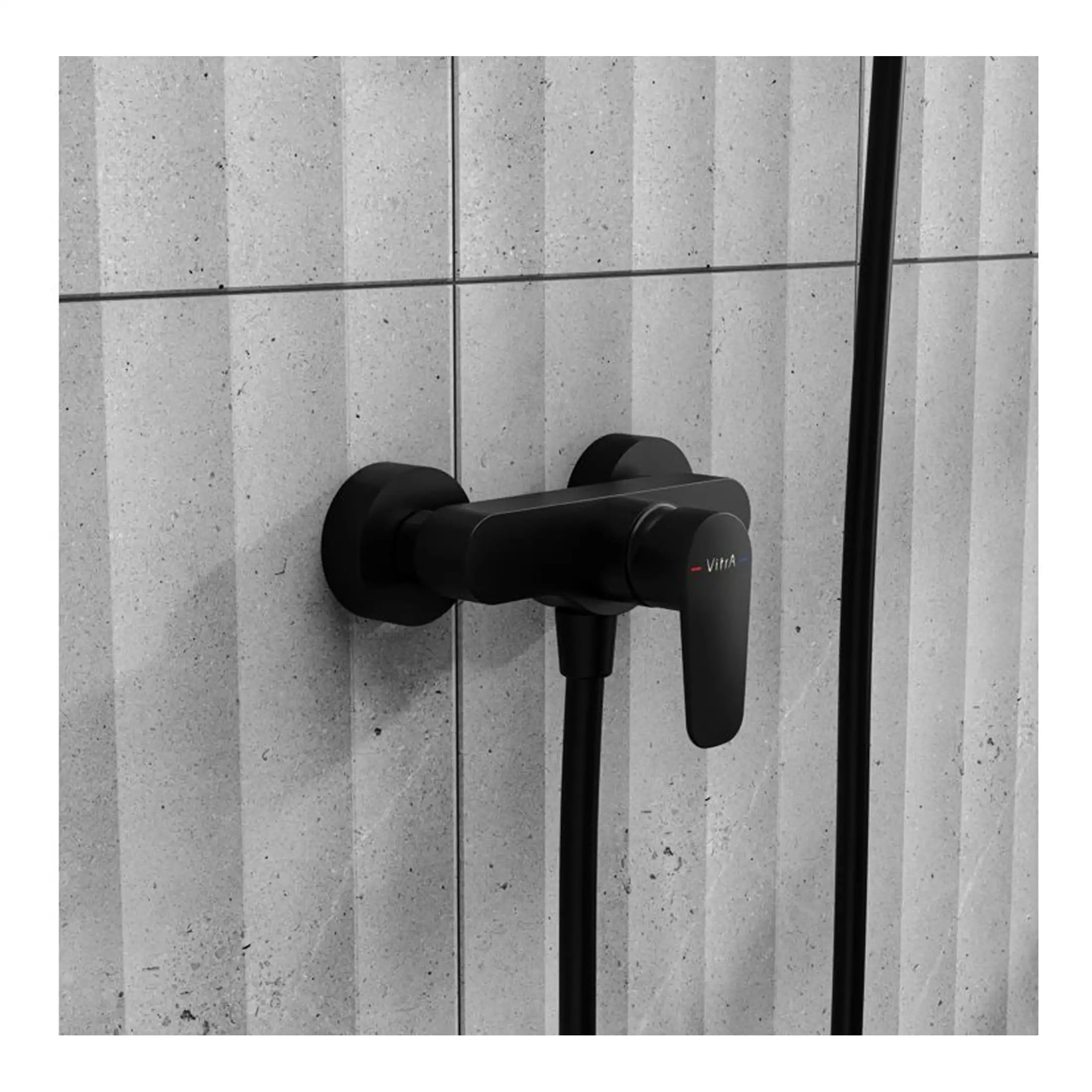Modern black shower mixer tap on grey tiled bathroom wall, sleek and contemporary bathroom fixtures, ideal for luxury bathroom renovation, water controls for shower and bath, high-quality bathroom hardware.