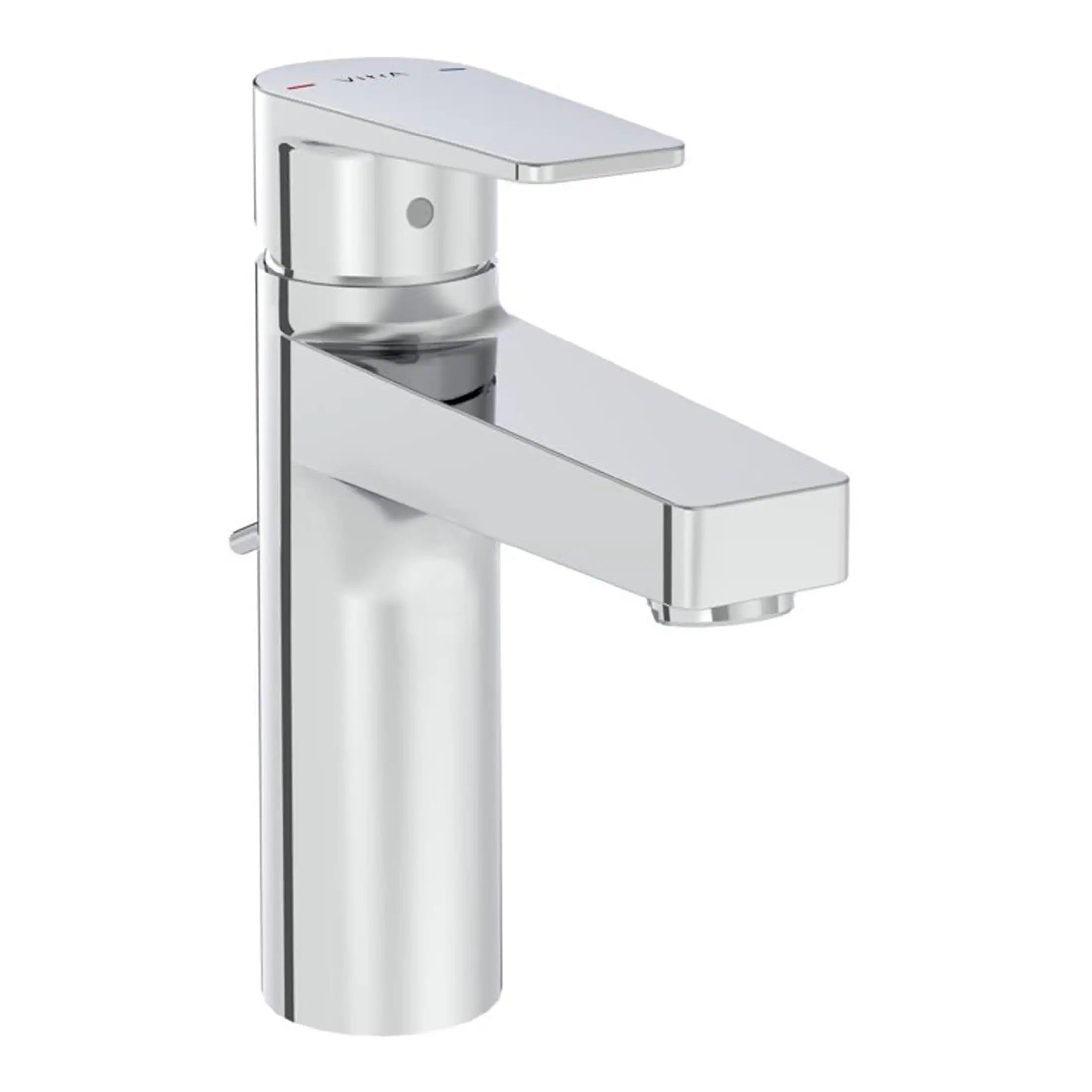 Modern chrome bathroom sink tap with single handle for hot and cold water control.