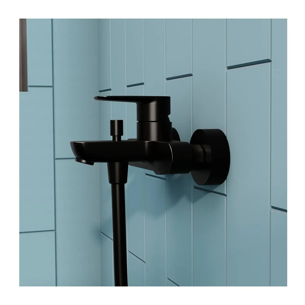Black bathroom tap mounted on a light blue tiled wall, showcasing modern bathroom fixtures and design, ideal for contemporary bathroom renovations.