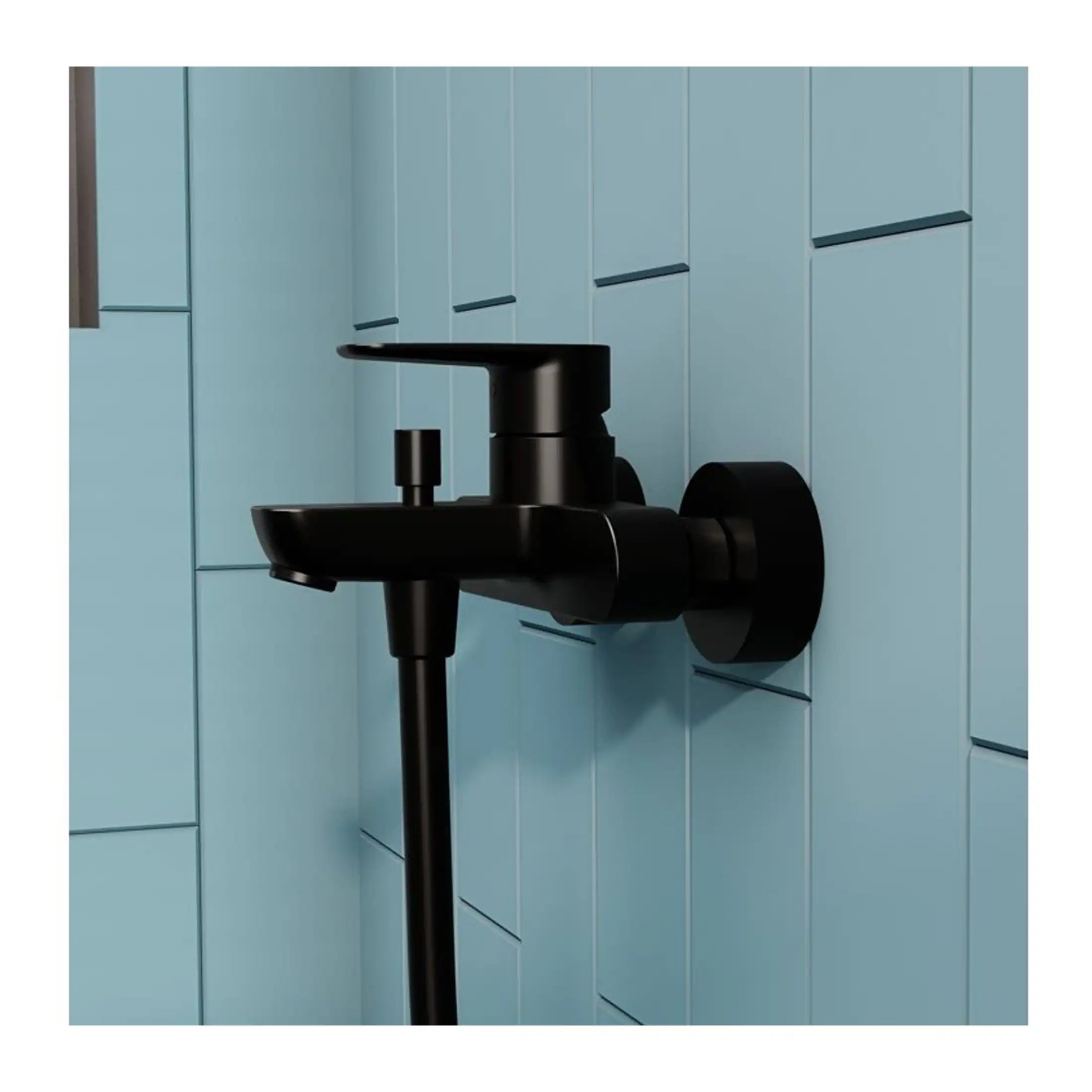 Black bathroom tap mounted on a light blue tiled wall, showcasing modern bathroom fixtures and design, ideal for contemporary bathroom renovations.