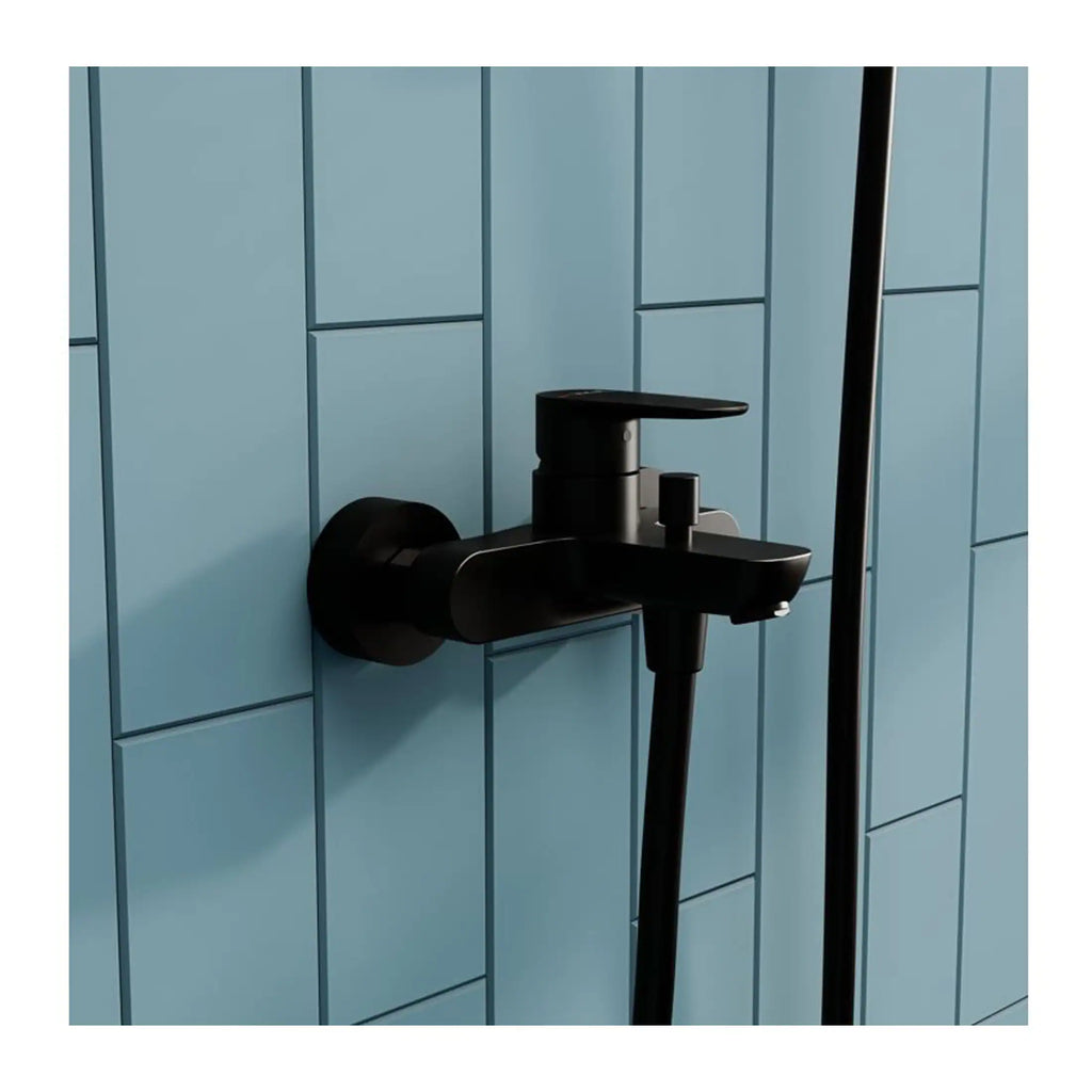 Sleek black bathroom tap and shower fixture against light blue tiled wall, modern bathroom design, high-quality hardware, ideal for contemporary bathroom upgrades.