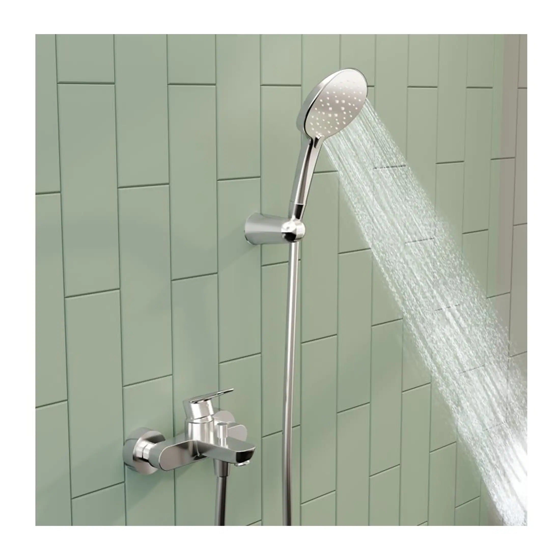 Shower head with handheld attachment in modern bathroom with green tiled wall, chrome finish, rainfall water flow, ideal for contemporary bathroom renovation or upgrade.