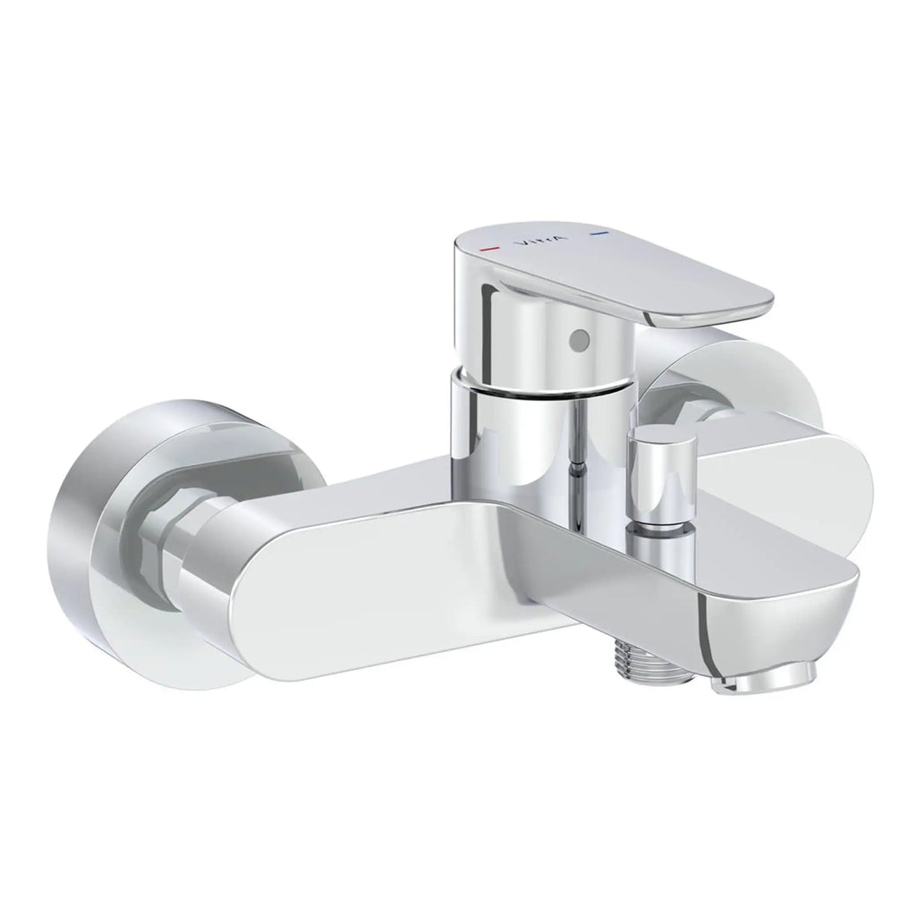 Shiny chrome bathroom mixer tap with modern design, ideal for bathtub or sink installation, featuring dual handles for precise water flow control.