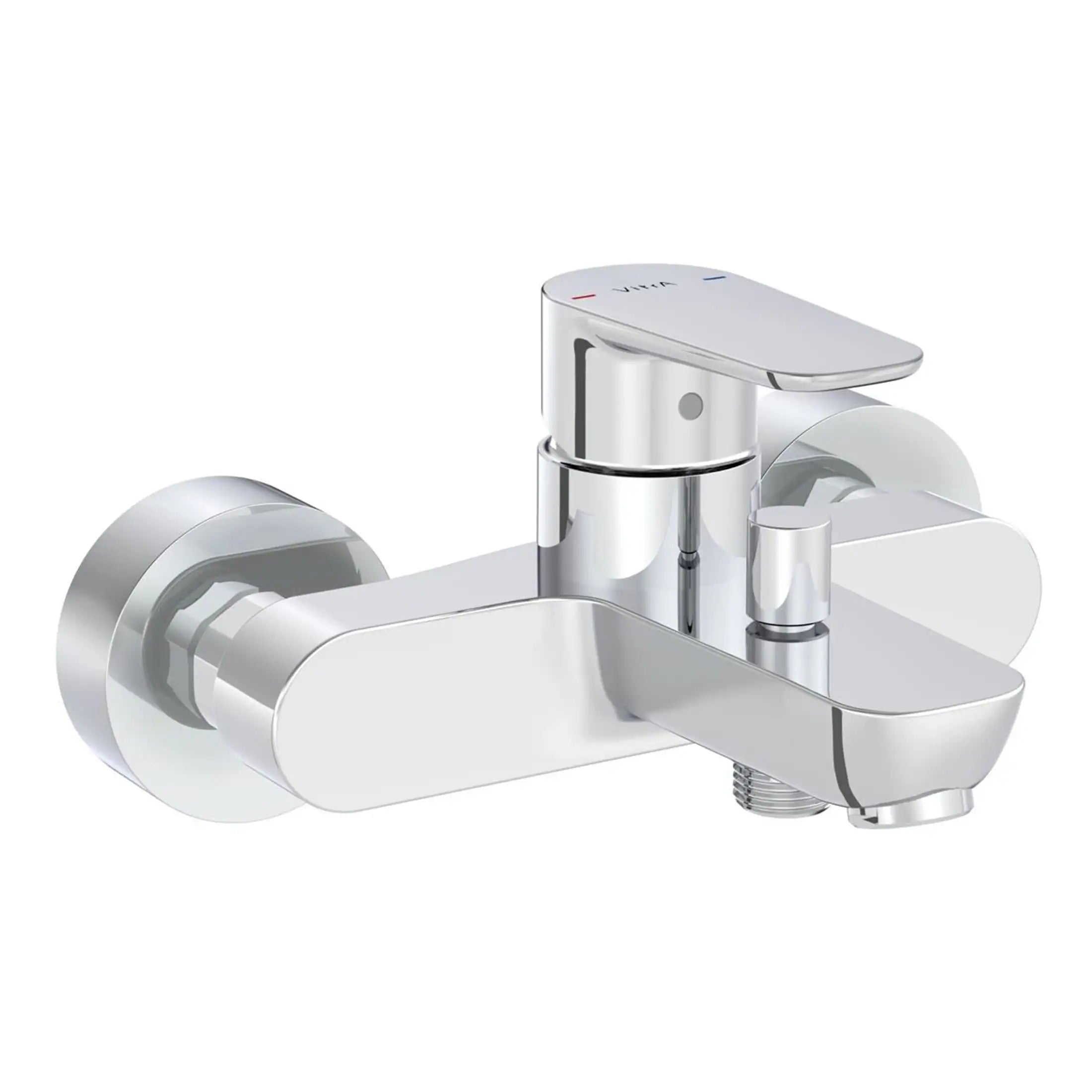 Shiny chrome bathroom mixer tap with modern design, ideal for bathtub or sink installation, featuring dual handles for precise water flow control.