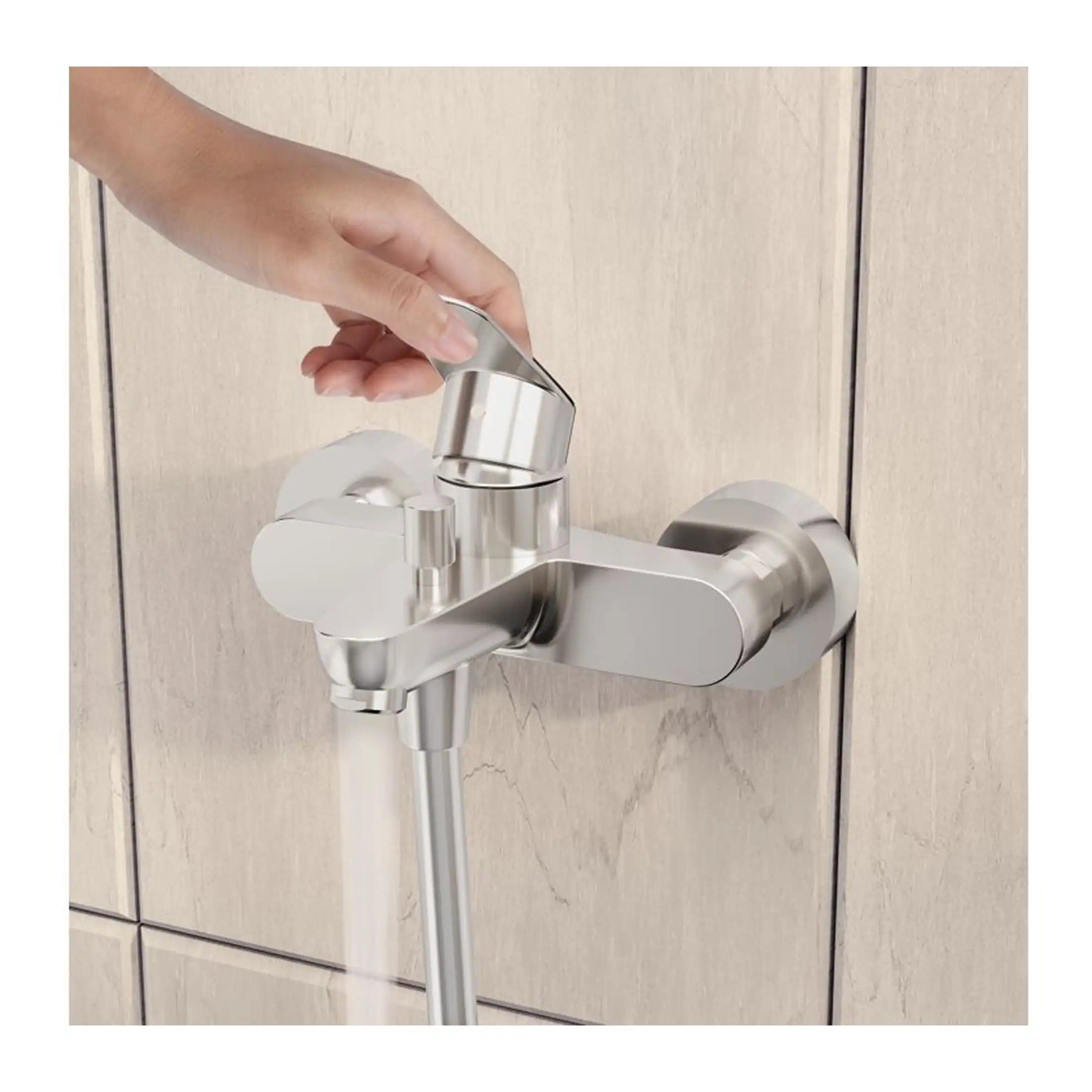 Drain tap with hand turning the handle, modern bathroom faucet, stainless steel water tap, wall-mounted bathroom fixtures, easy-to-use plumbing accessories for home bathrooms.