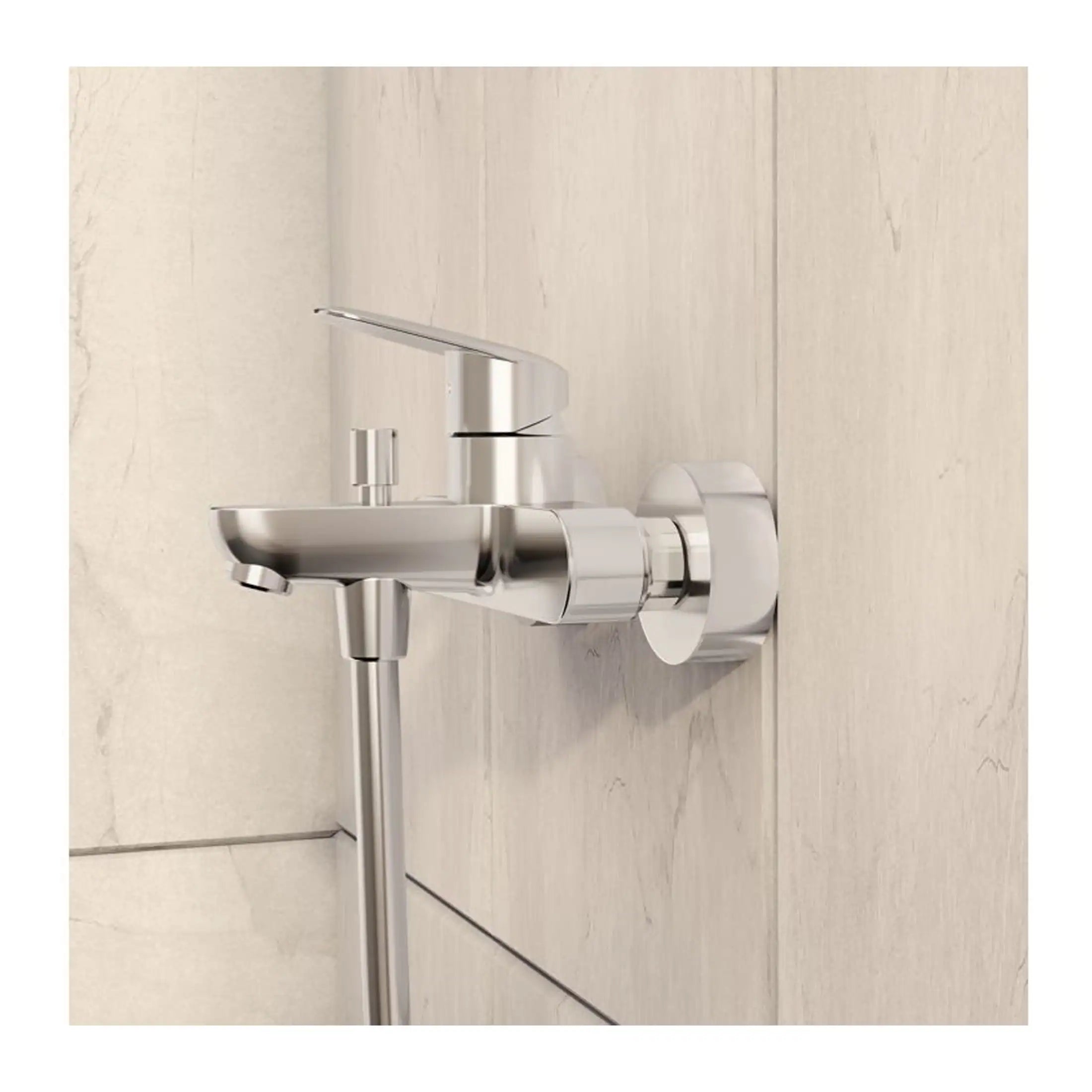 Sleek modern chrome bathroom tap with a minimalist design, mounted on a tiled wall, ideal for contemporary bathroom renovation and stylish sink setups.