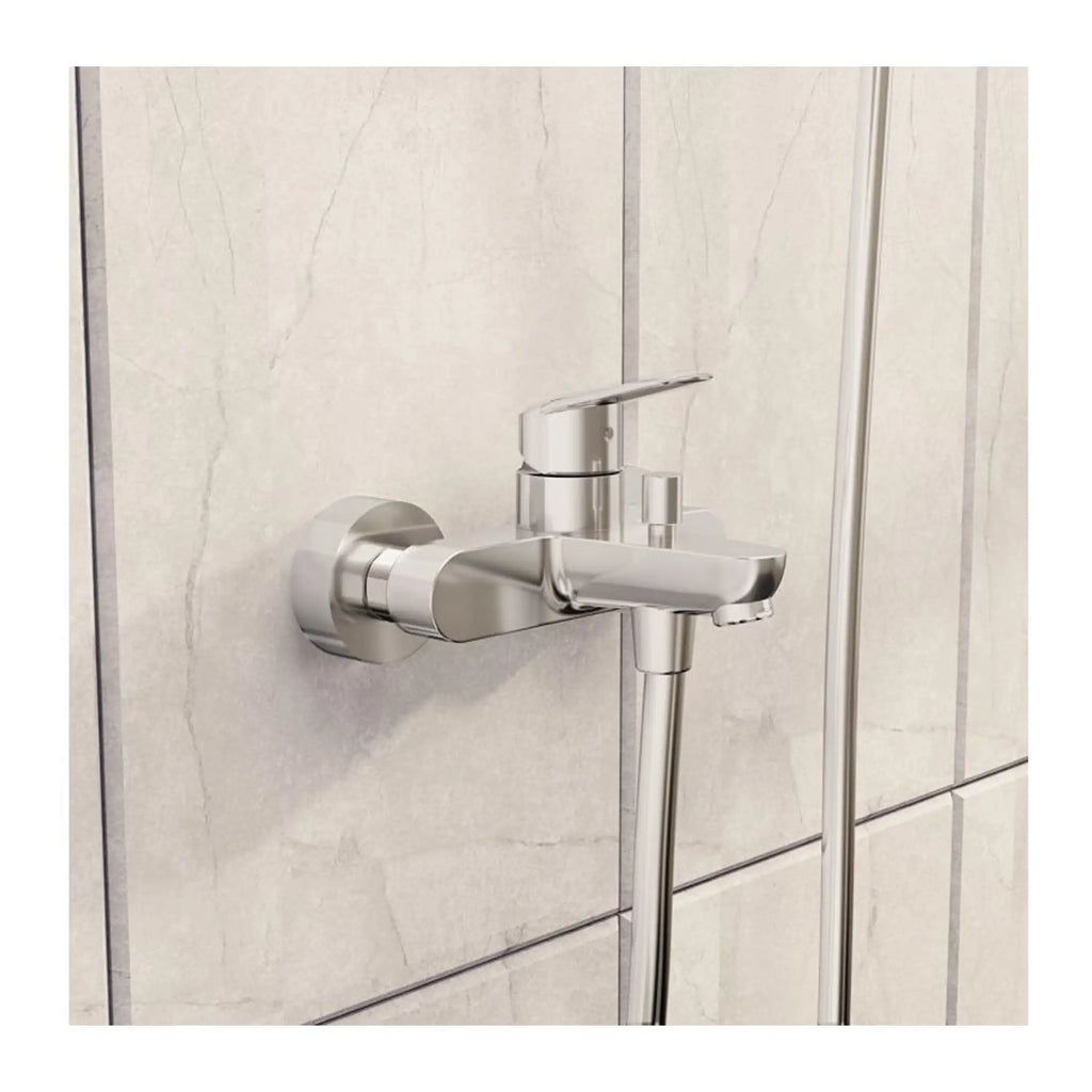 Sleek chrome bathroom tap with adjustable spray, modern design, installed on a tiled wall for a contemporary bathroom or shower upgrade. Perfect for stylish, functional bathroom renovations.