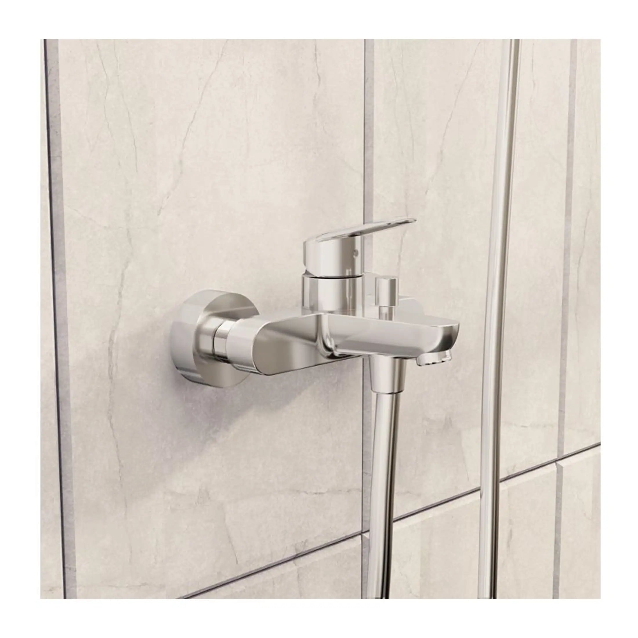 Sleek chrome bathroom tap with adjustable spray, modern design, installed on a tiled wall for a contemporary bathroom or shower upgrade. Perfect for stylish, functional bathroom renovations.