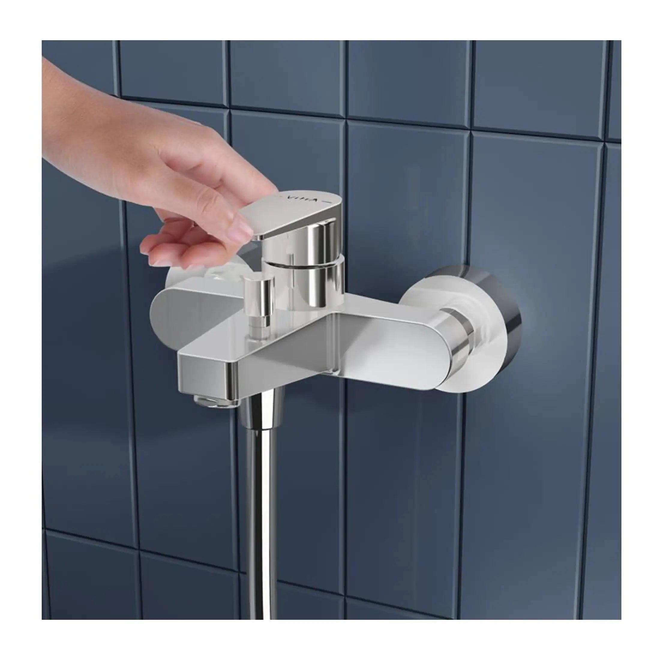 Sleek modern wall-mounted bathroom faucet in polished chrome with lever handle and integrated water flow control, perfect for contemporary bathroom sinks.