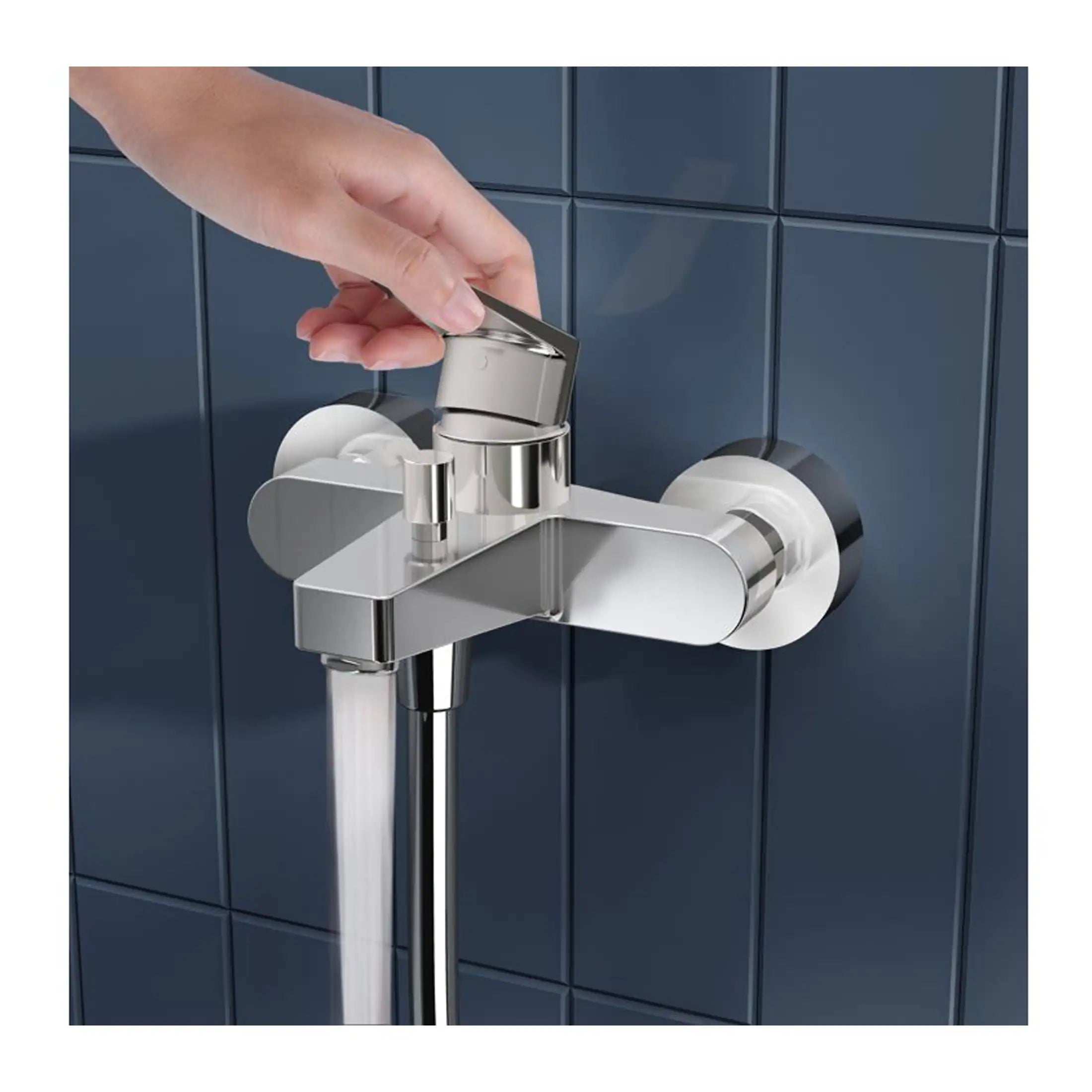 Shiny, modern stainless steel bathroom tap with a matching soap dispenser set against a dark blue tiled wall.