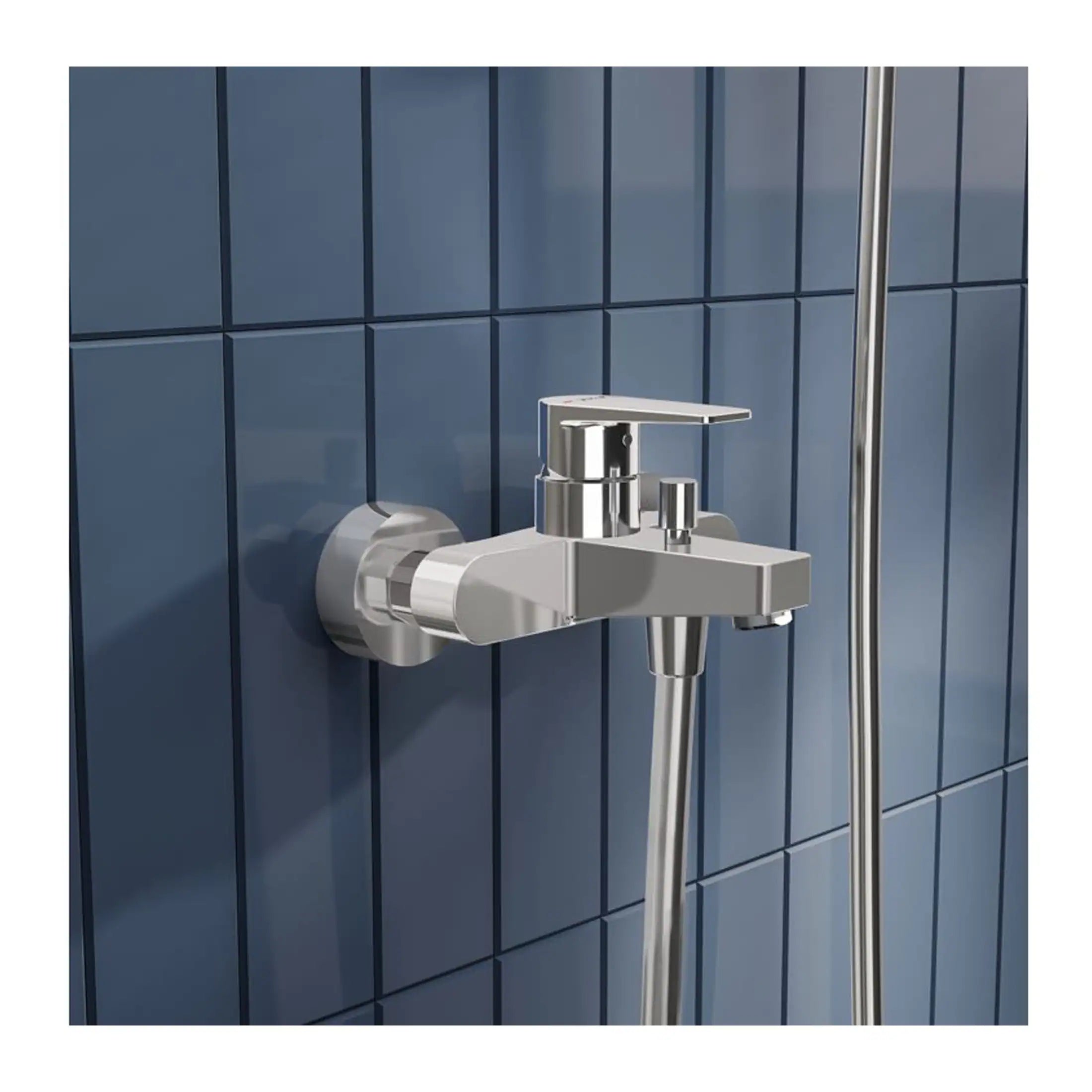 Sleek stainless steel bathroom tap with modern design installed on blue tiled wall, ideal for contemporary bathroom interiors.