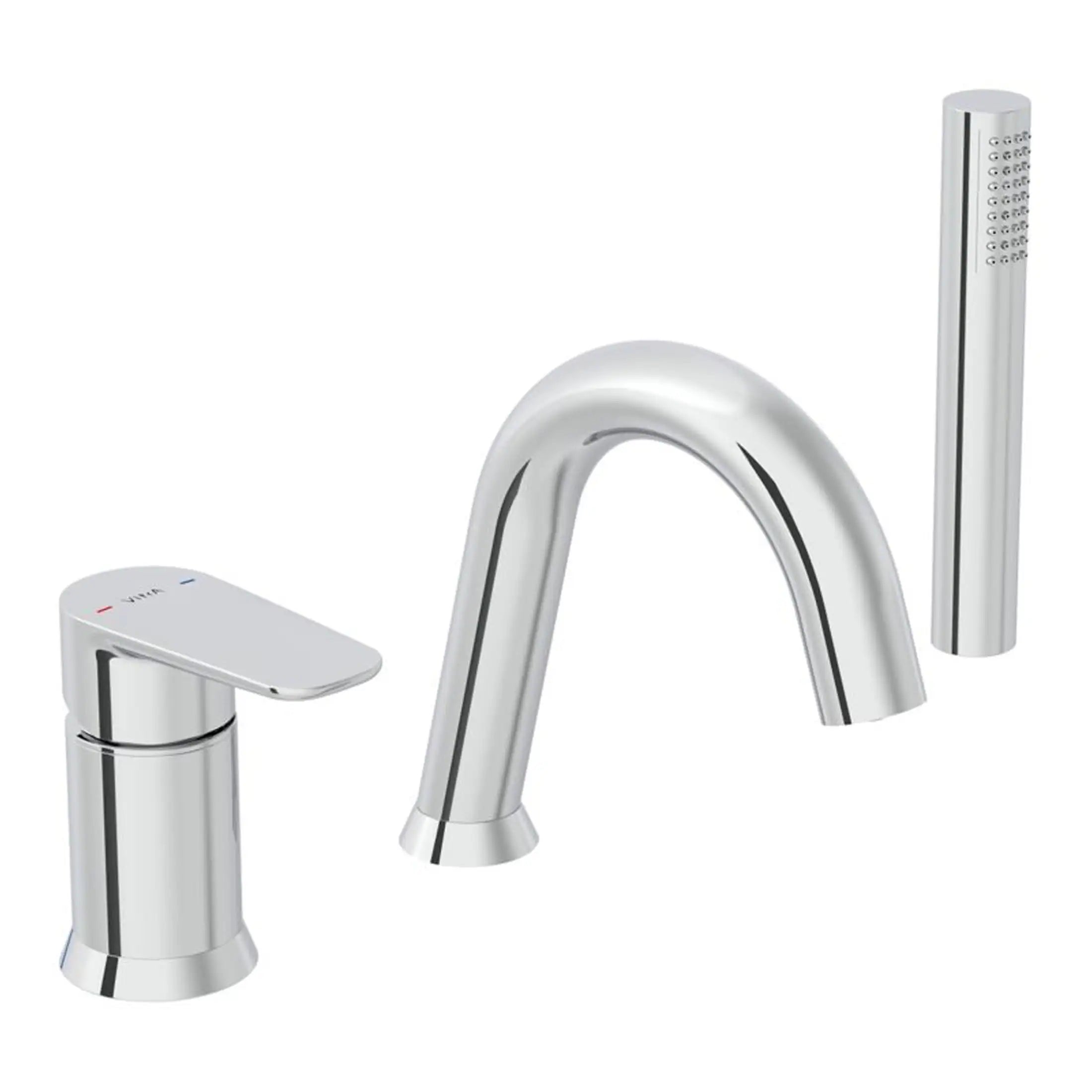Polished chrome three-piece bathroom tap set with sleek modern design, including a central spout, single lever control, and matching handheld shower head on a white background.
