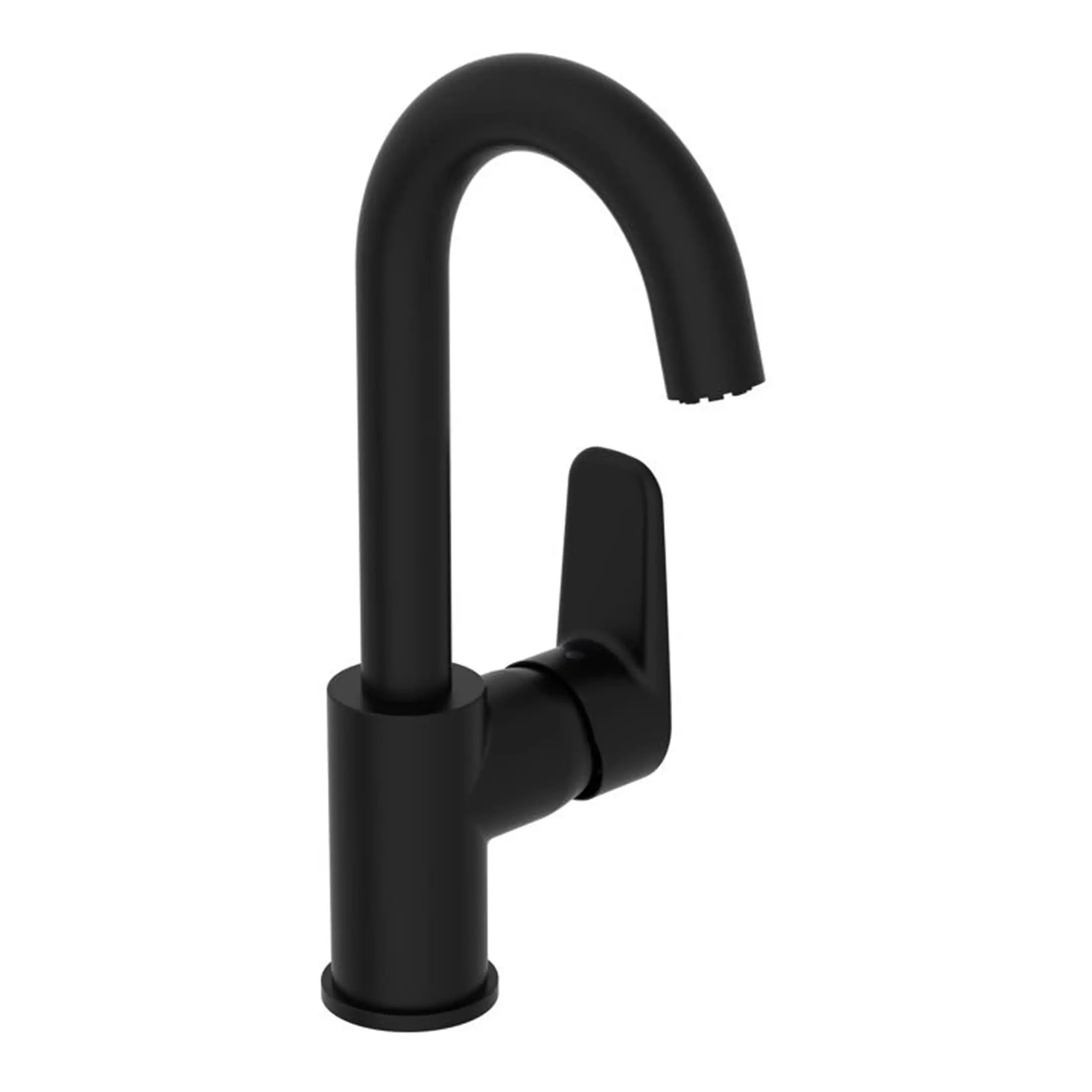 Brushed black kitchen tap, modern black basin mixer faucet, sleek black bathroom sink tap, black curved kitchen mixer tap, inspirational black kitchen and bathroom tap design.