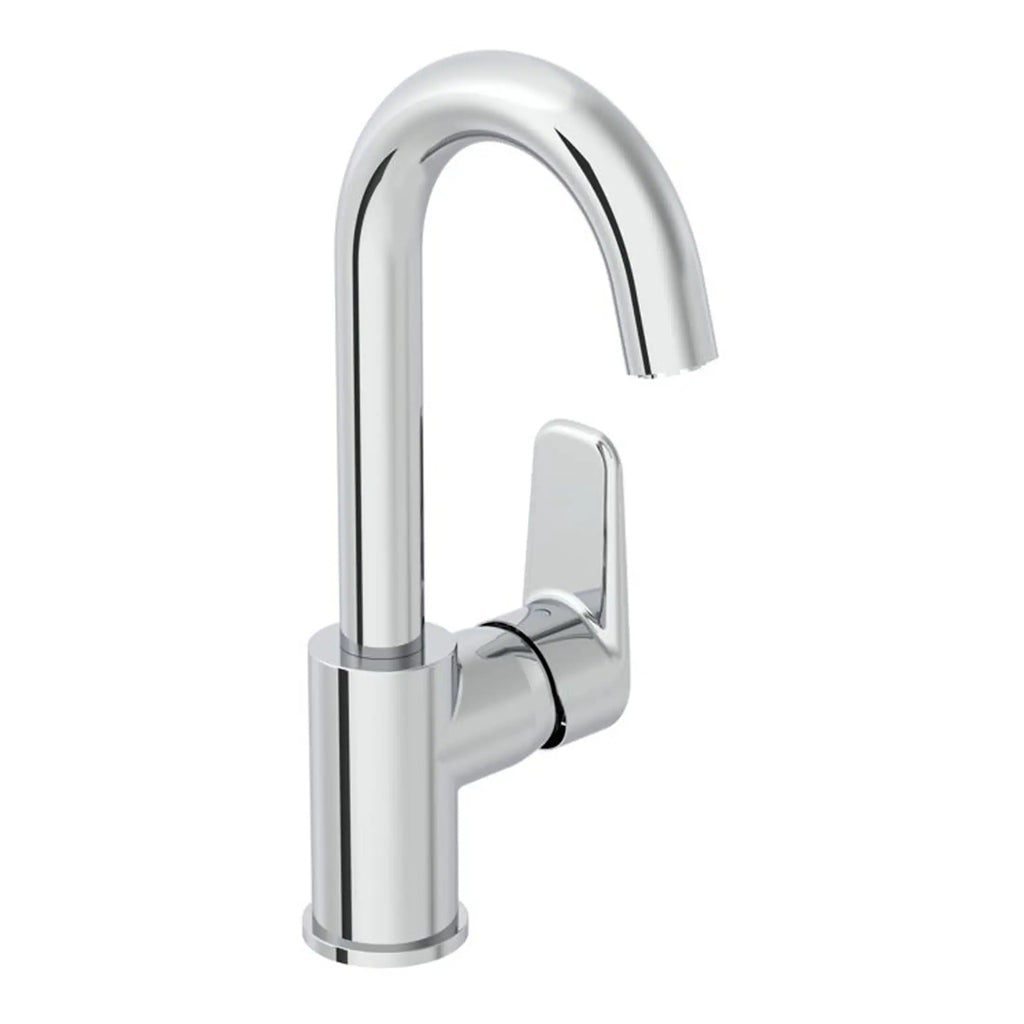 Shiny chrome bathroom kitchen mixer tap with high arc spout and single lever handle. Ideal for modern bathroom or kitchen sinks, combining style and functionality.