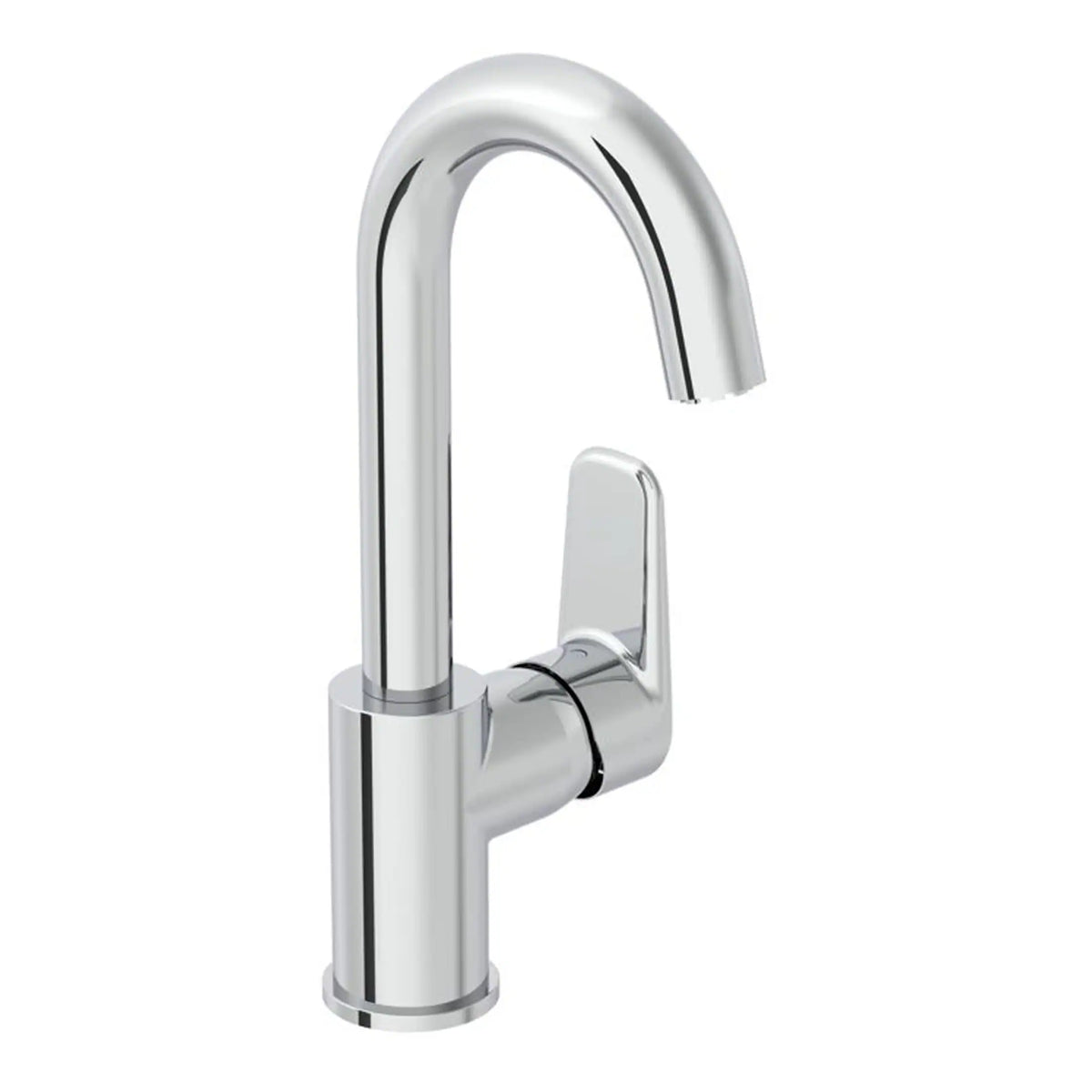 Shiny chrome bathroom kitchen mixer tap with high arc spout and single lever handle. Ideal for modern bathroom or kitchen sinks, combining style and functionality.