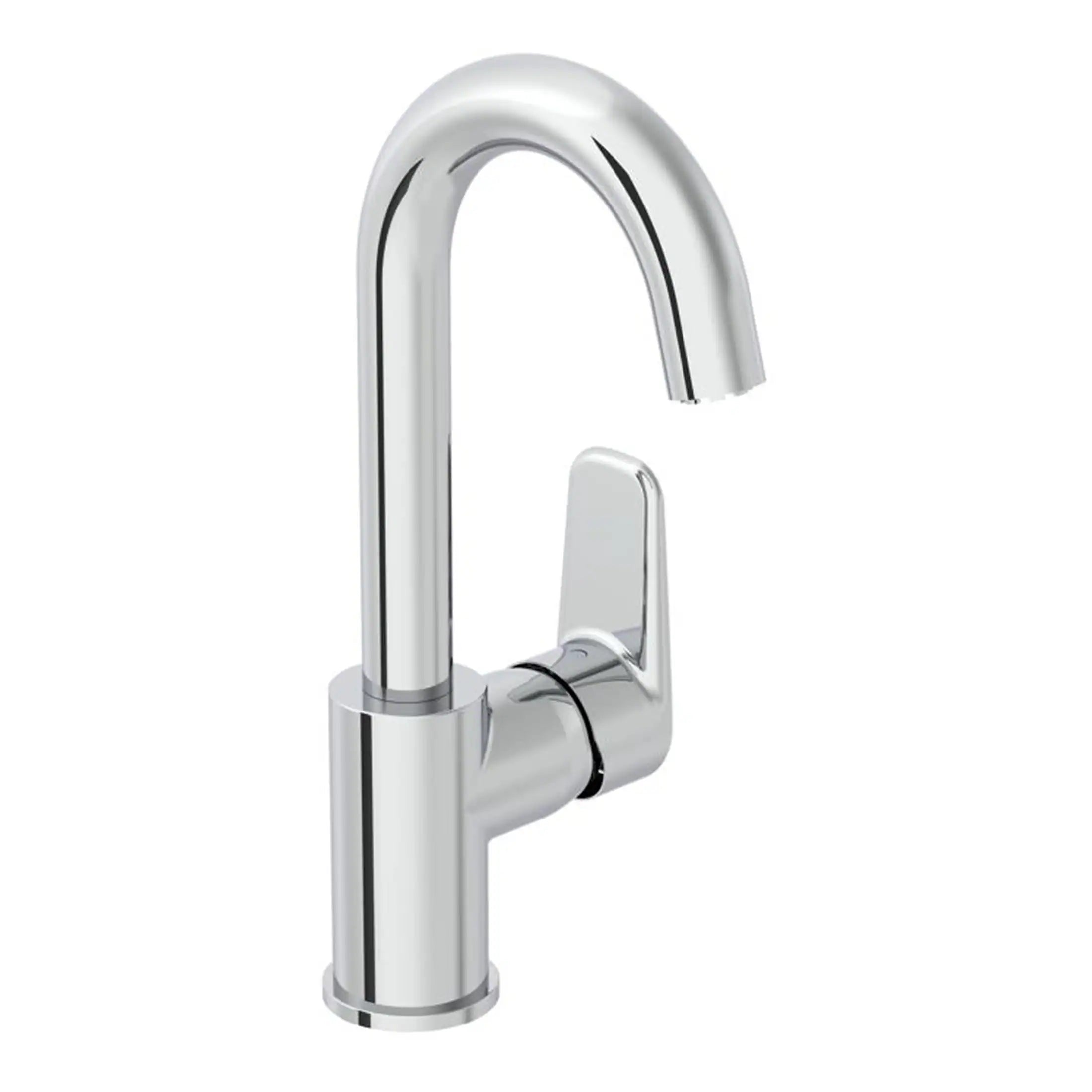Shiny chrome bathroom kitchen mixer tap with high arc spout and single lever handle. Ideal for modern bathroom or kitchen sinks, combining style and functionality.
