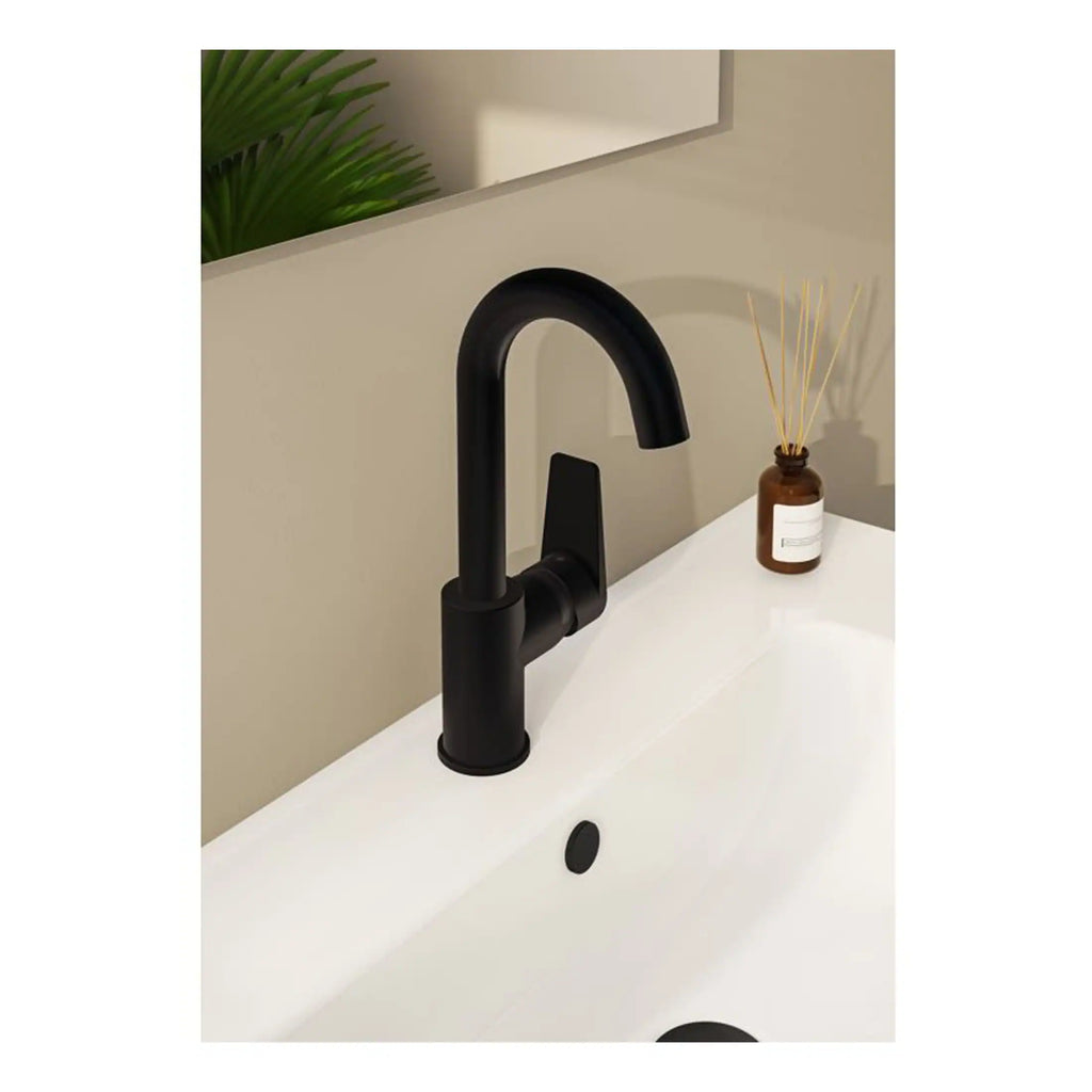 Black matte bathroom faucet, modern black sink tap for stylish bathrooms, sleek minimalist design for contemporary bathroom decor, durable and easy to install black bathroom tap.