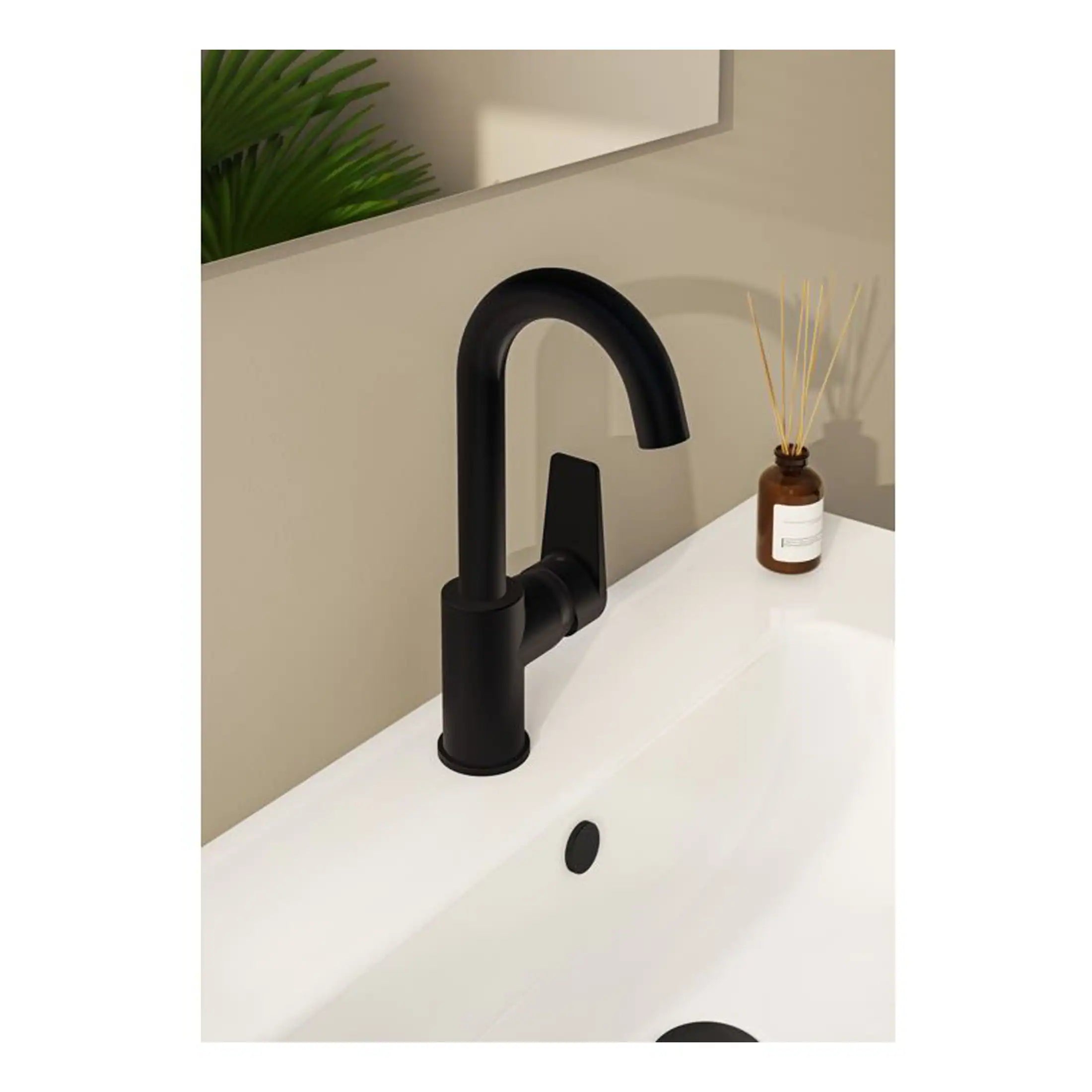 Black matte bathroom faucet, modern black sink tap for stylish bathrooms, sleek minimalist design for contemporary bathroom decor, durable and easy to install black bathroom tap.