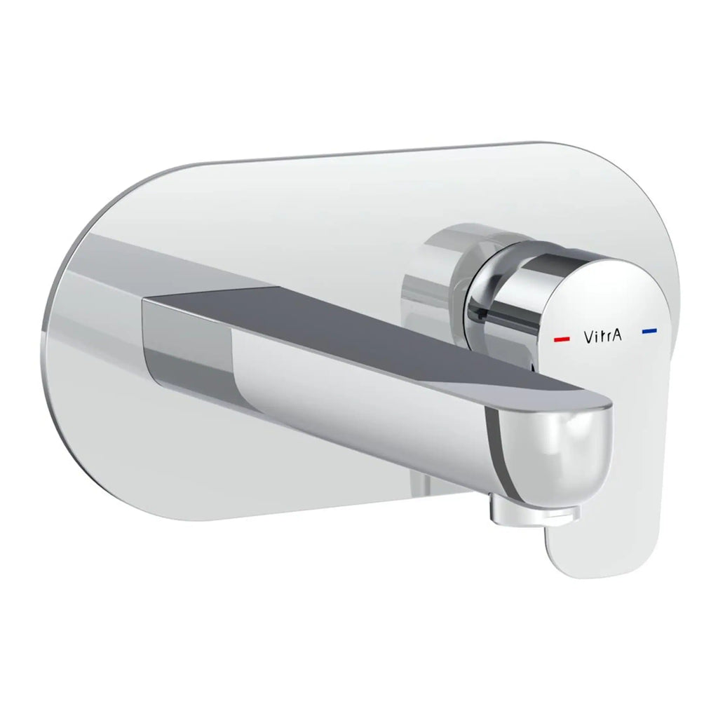 Sleek modern mixer tap with chrome finish, suitable for contemporary bathrooms and kitchens, featuring temperature control with red and blue indicators.