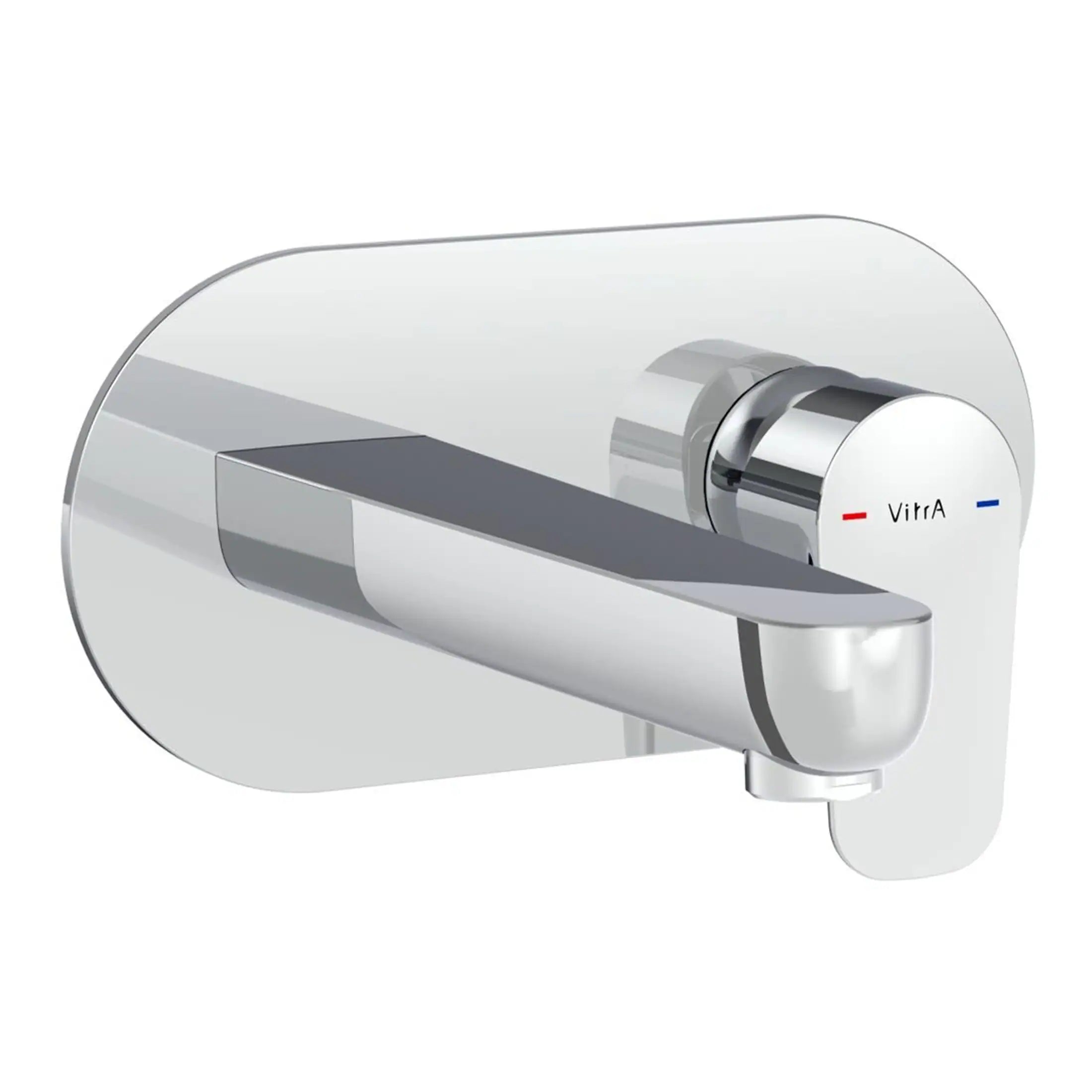 Sleek modern mixer tap with chrome finish, suitable for contemporary bathrooms and kitchens, featuring temperature control with red and blue indicators.